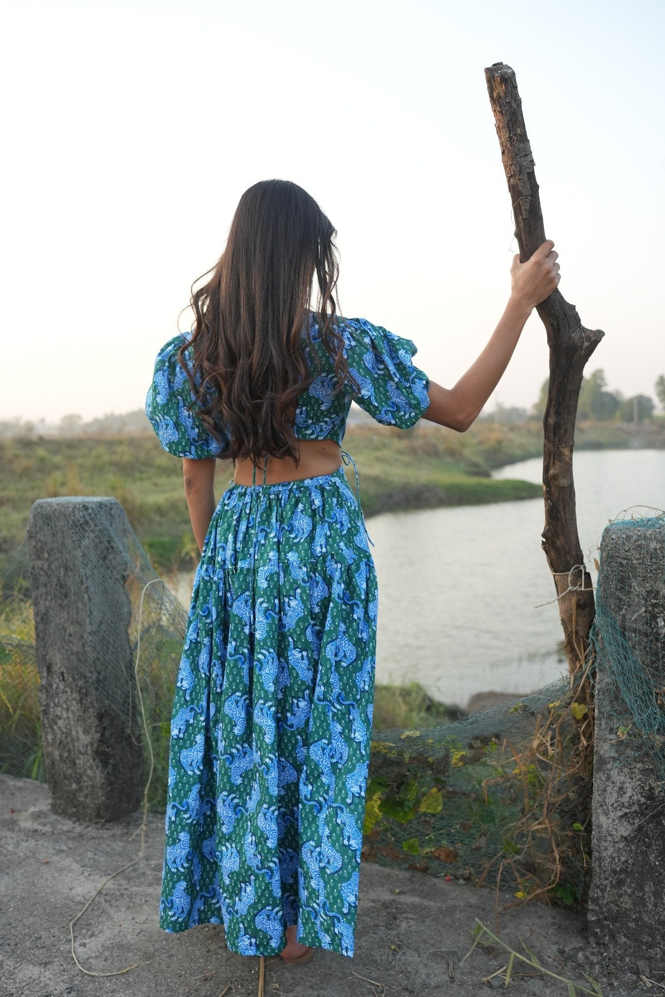 Green Tiger Print Muslin Flared Maxi Dress