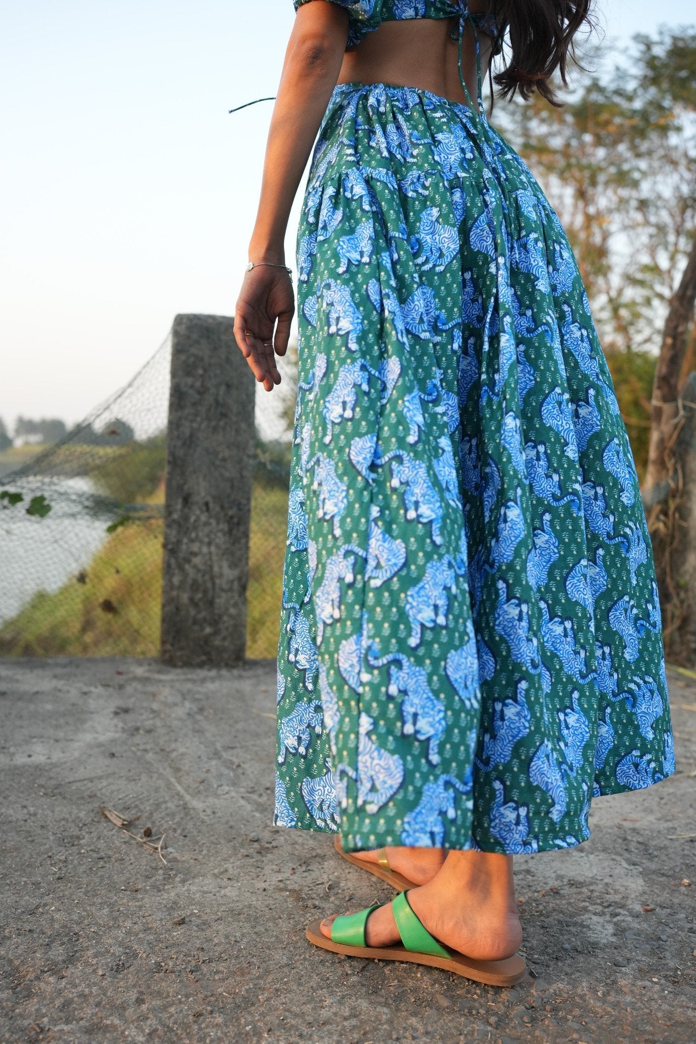 Green Tiger Print Muslin Flared Maxi Dress