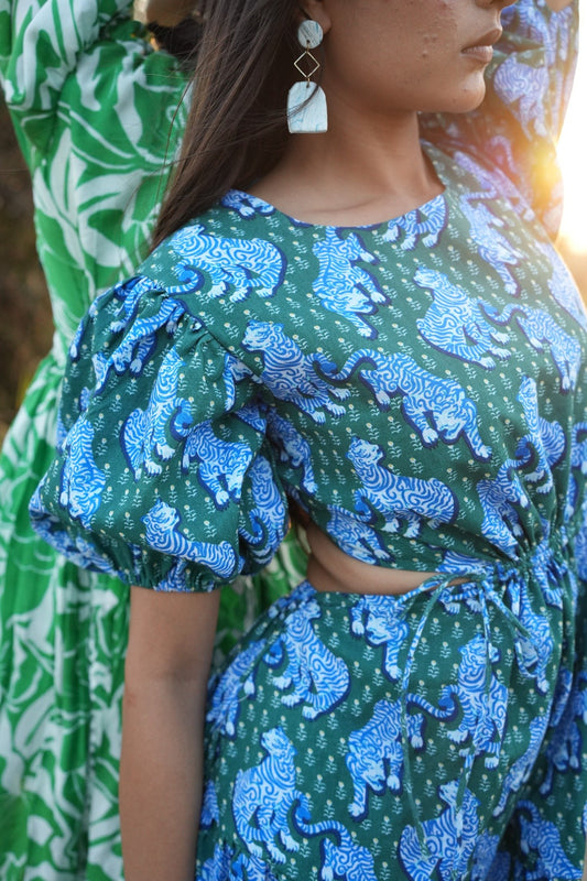 Green Tiger Print Muslin Flared Maxi Dress