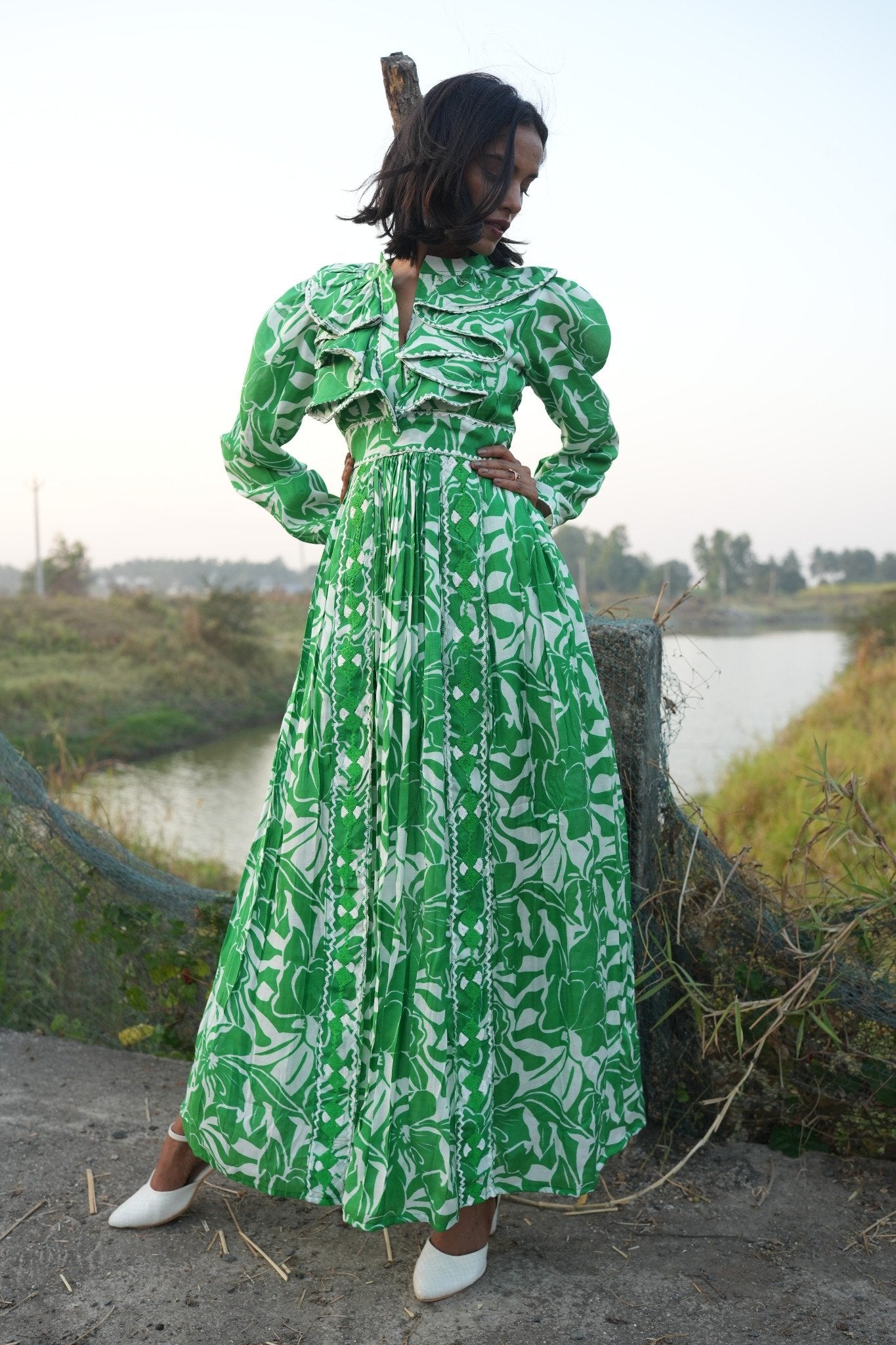 Green Printed Maxi Dress with Embroidery – A Fusion of Elegance & Comfort