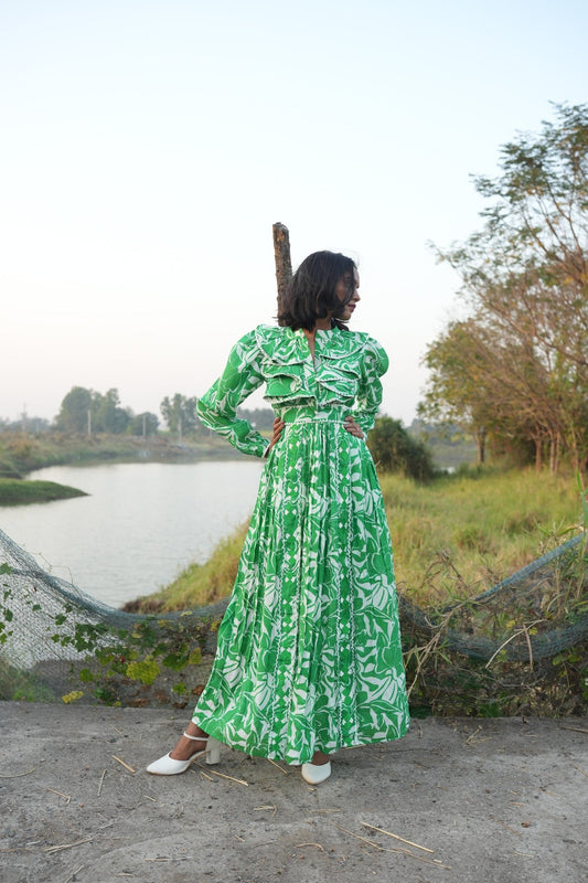 Green Printed Maxi Dress with Embroidery – A Fusion of Elegance & Comfort