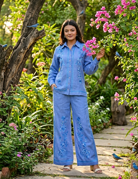 Azure Bloom Embroidered Linen Co-ord Set