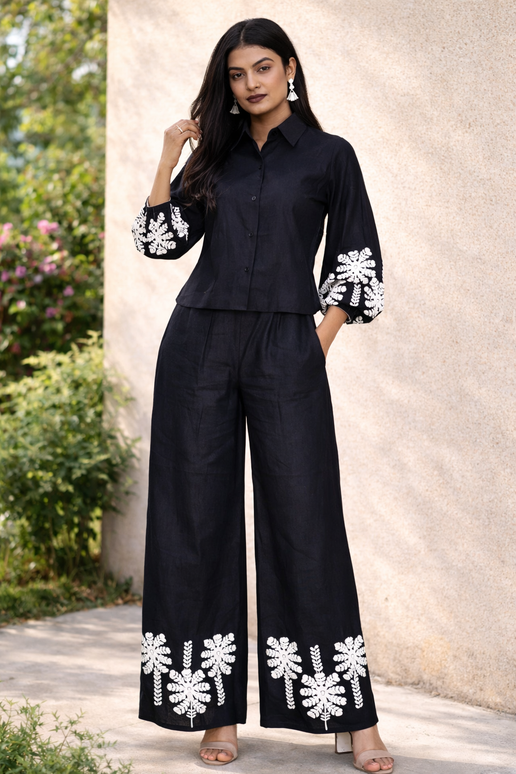 Black Embroidered Linen Co-Ord Set