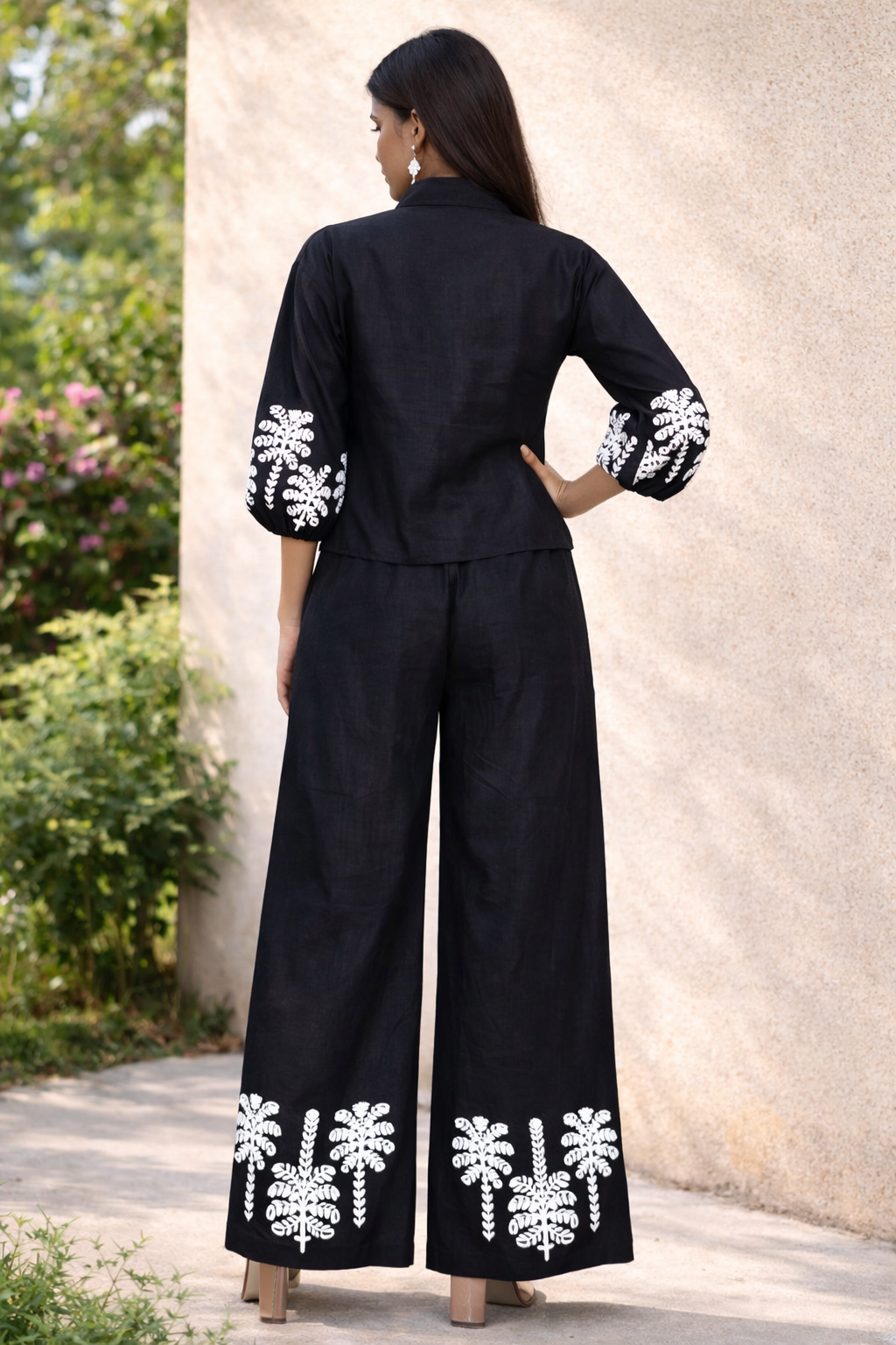 Black Embroidered Linen Co-Ord Set