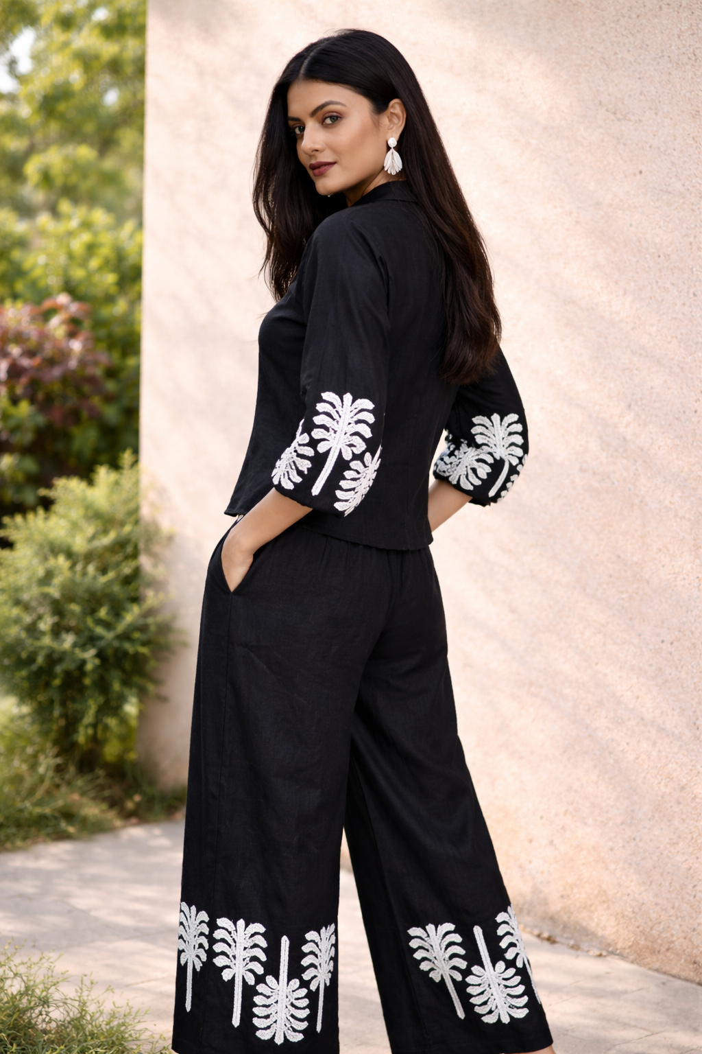 Black Embroidered Linen Co-Ord Set