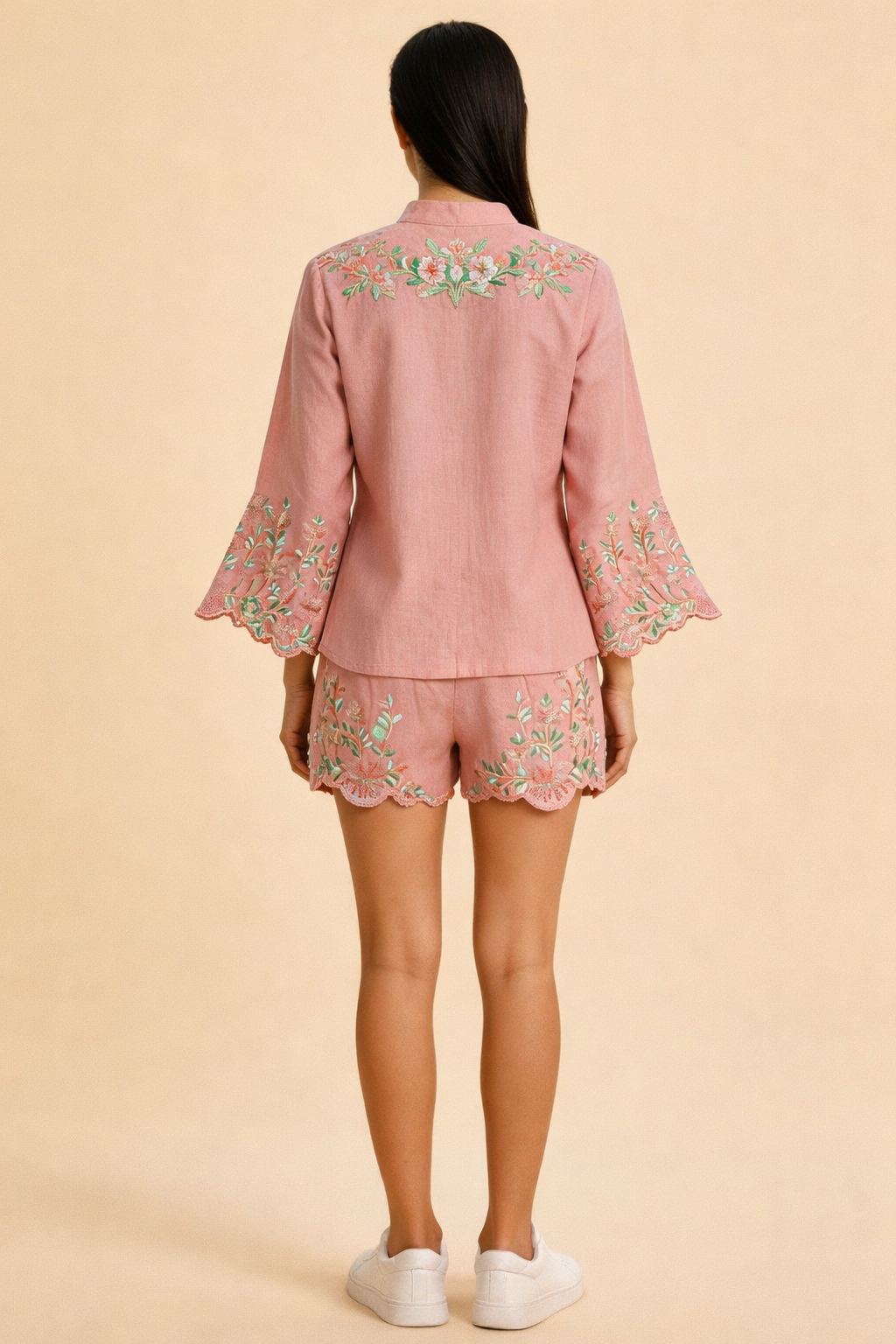 Blush Pink Floral Embroidered Linen Co-Ord Set