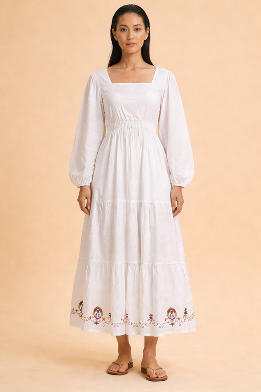 White Embroidered Square-Neck Maxi Dress