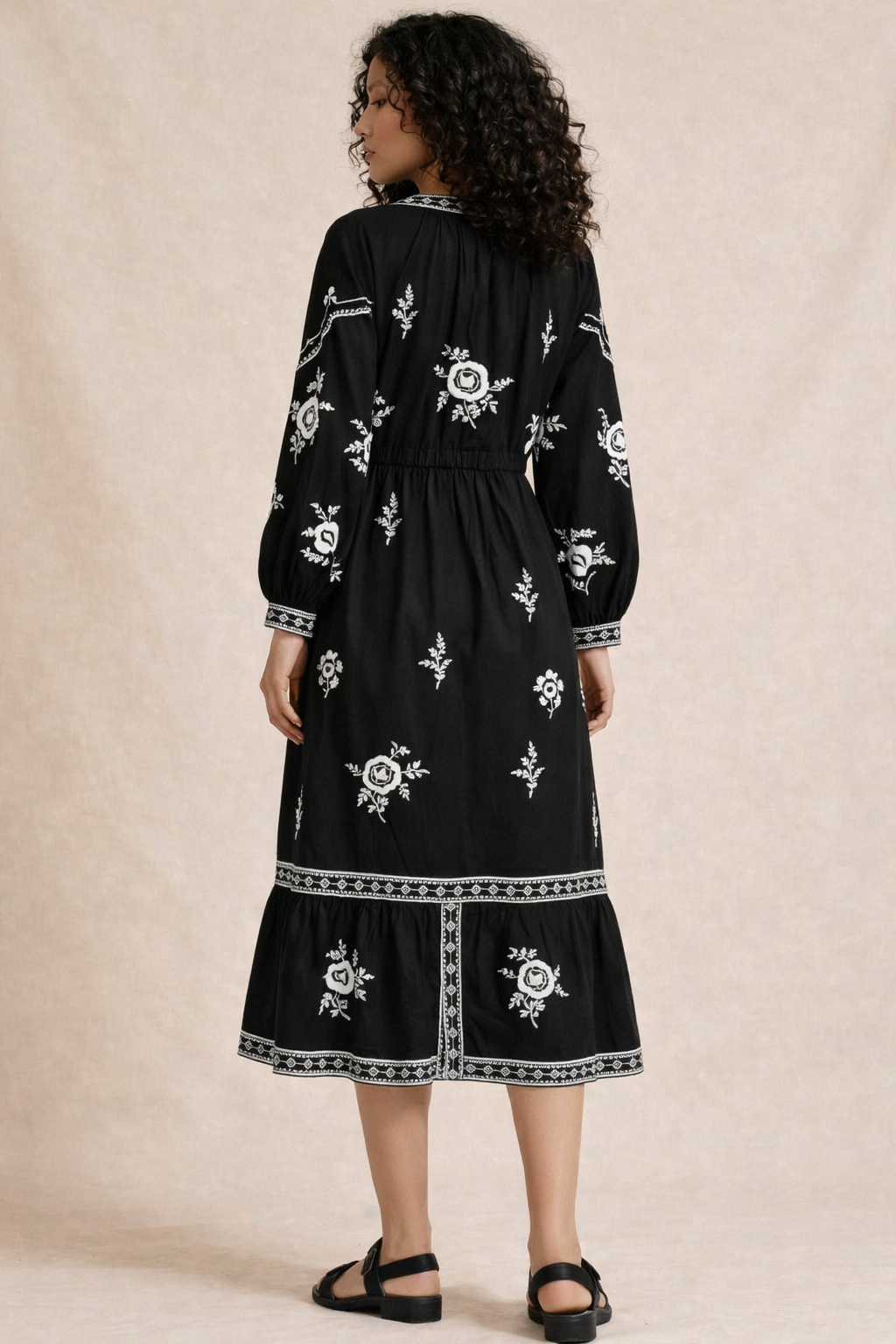 Black Floral Embroidered Boho Midi Dress