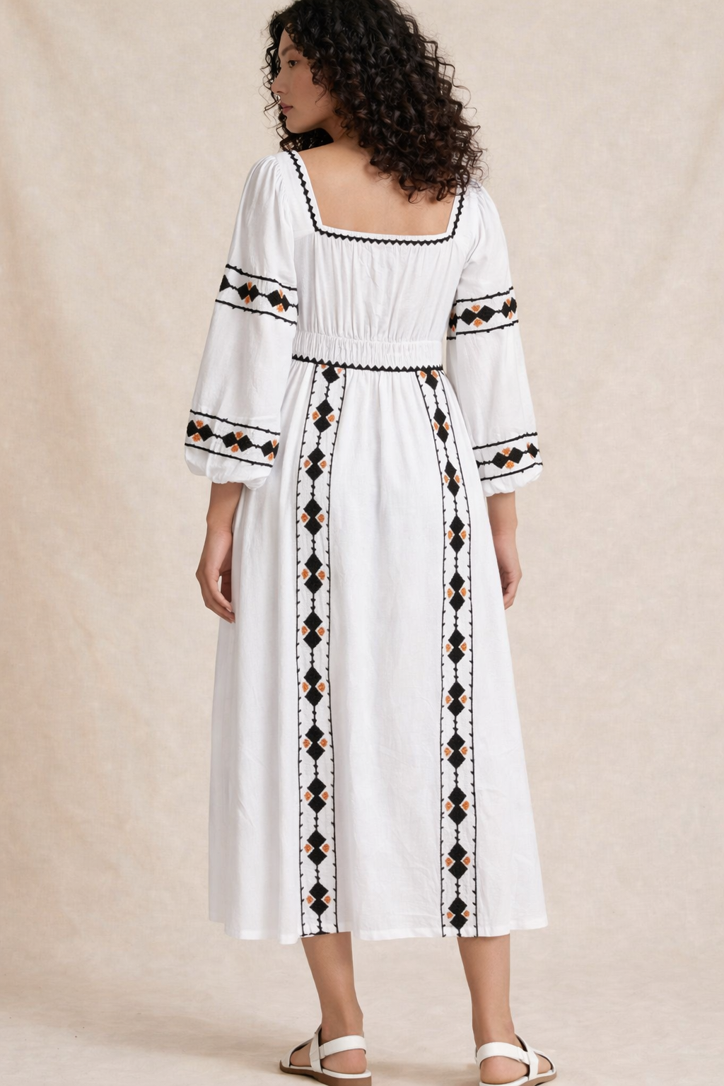 White Geometric Embroidered Midi Dress