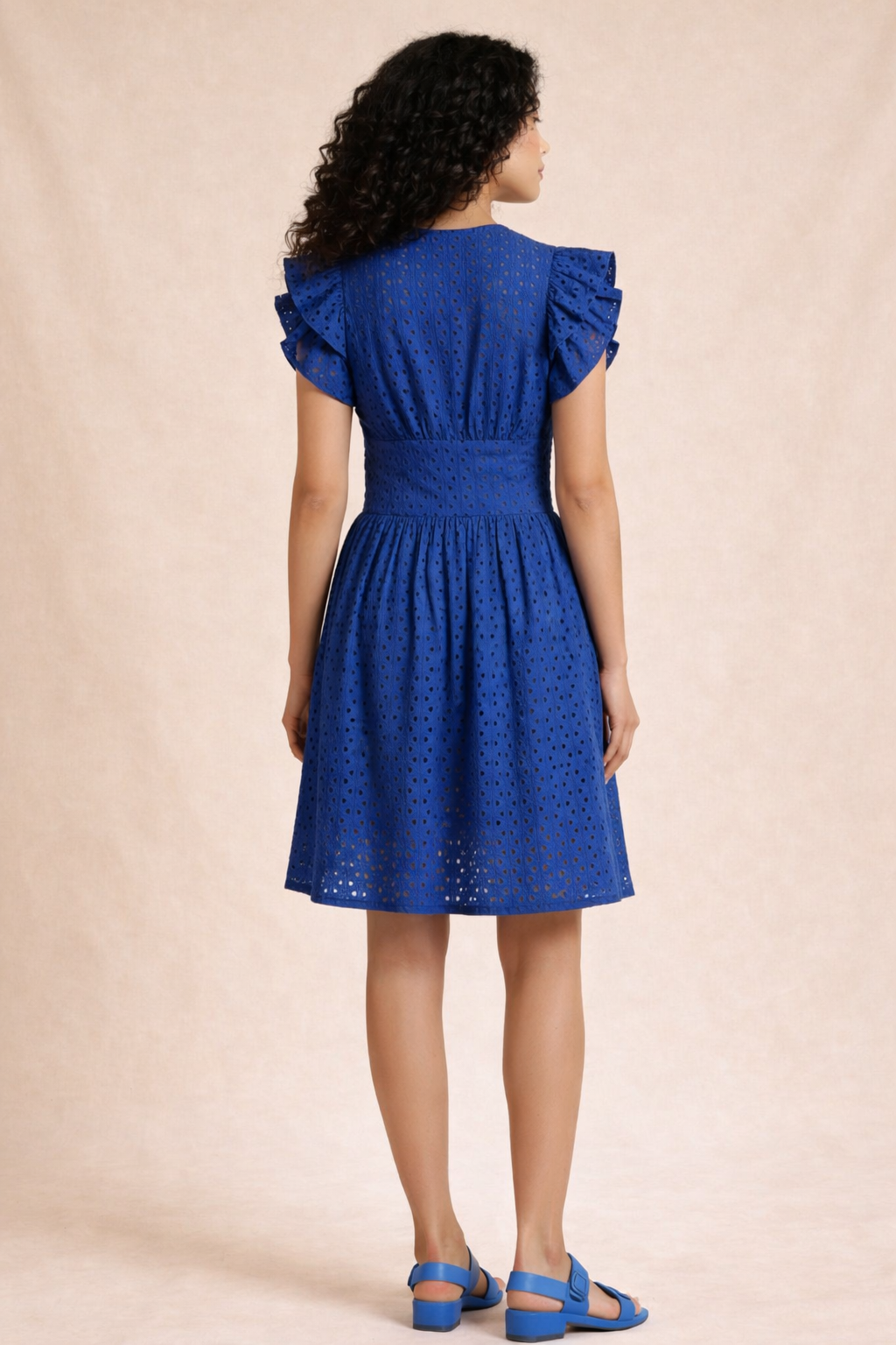 Royal Blue Schiffli Ruffle Detail Dress