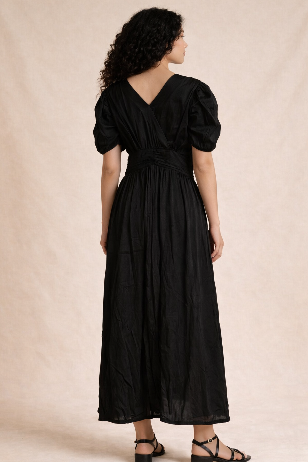 Black Ruched Puff Sleeve Midi Dress