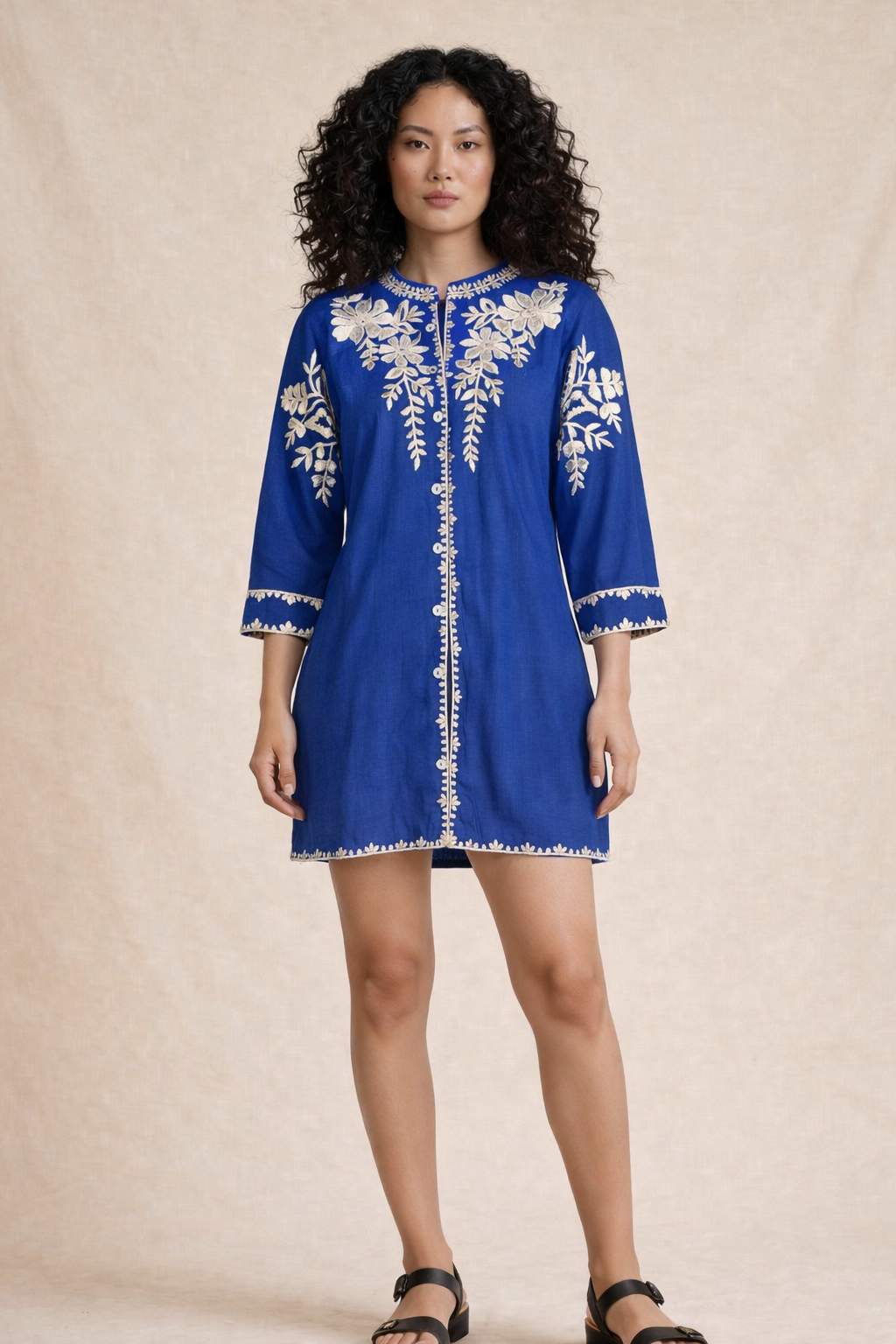 Royal Blue Embroidered Short Tunic Dress