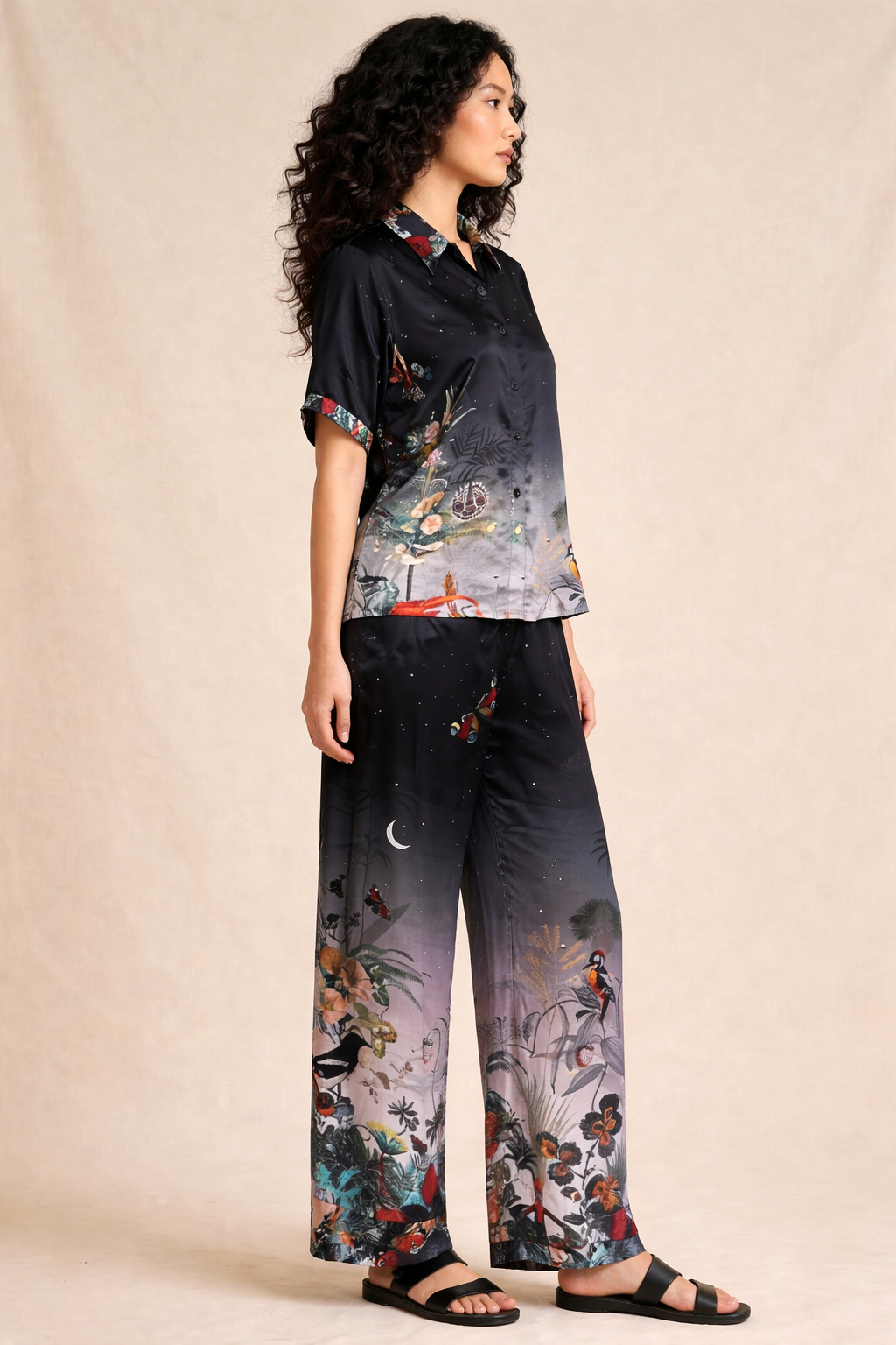 Midnight Botanical Printed Shirt & Wide-Leg Trouser Set