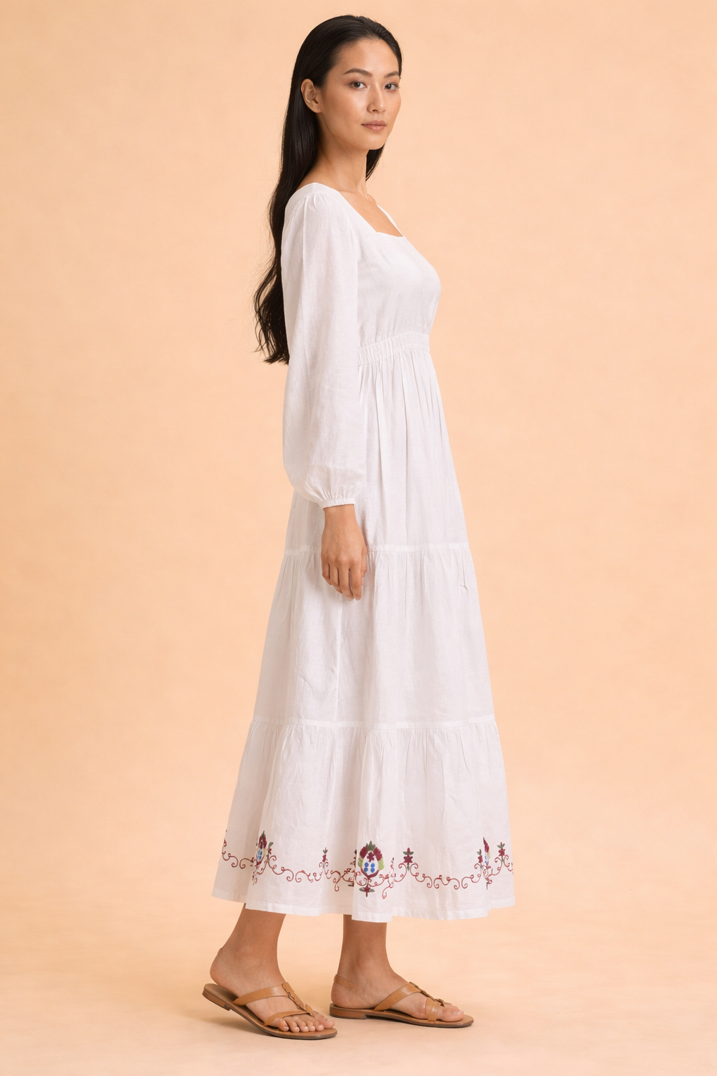 White Embroidered Square-Neck Maxi Dress