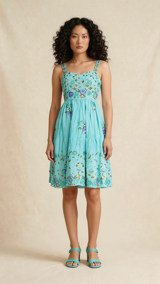 Mint Floral Embroidered Sleeveless Linen Dress