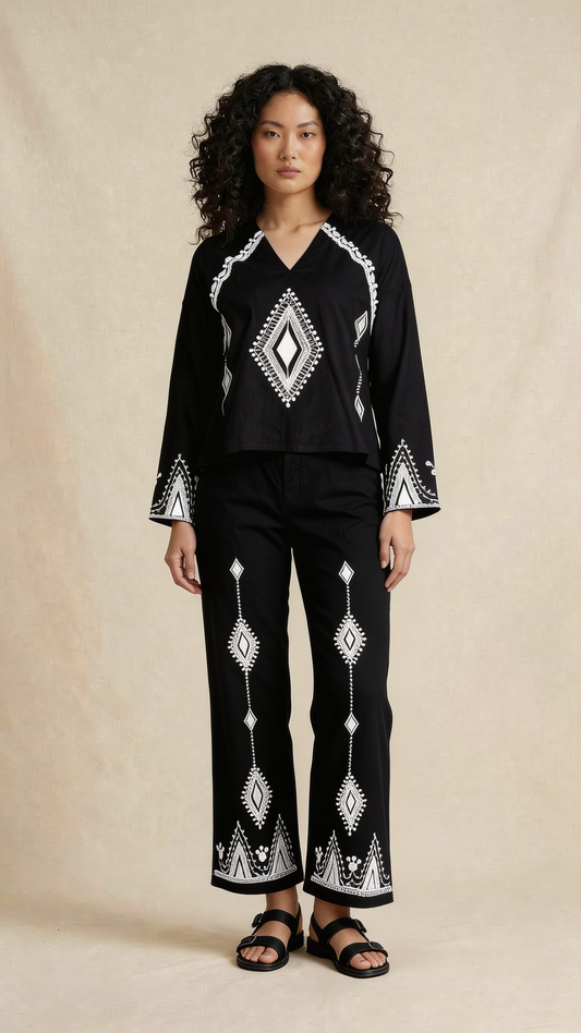 Black Geometric Embroidered Co-ord Set
