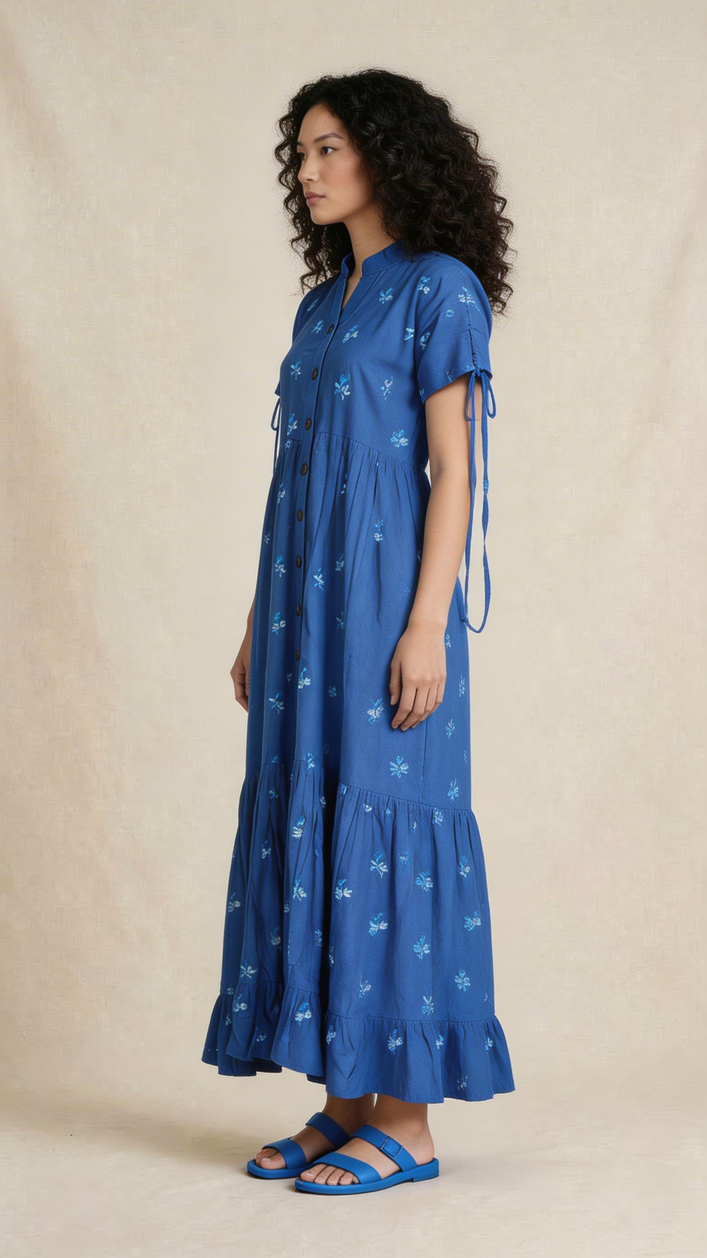 Blue Embroidered Tiered Maxi Dress
