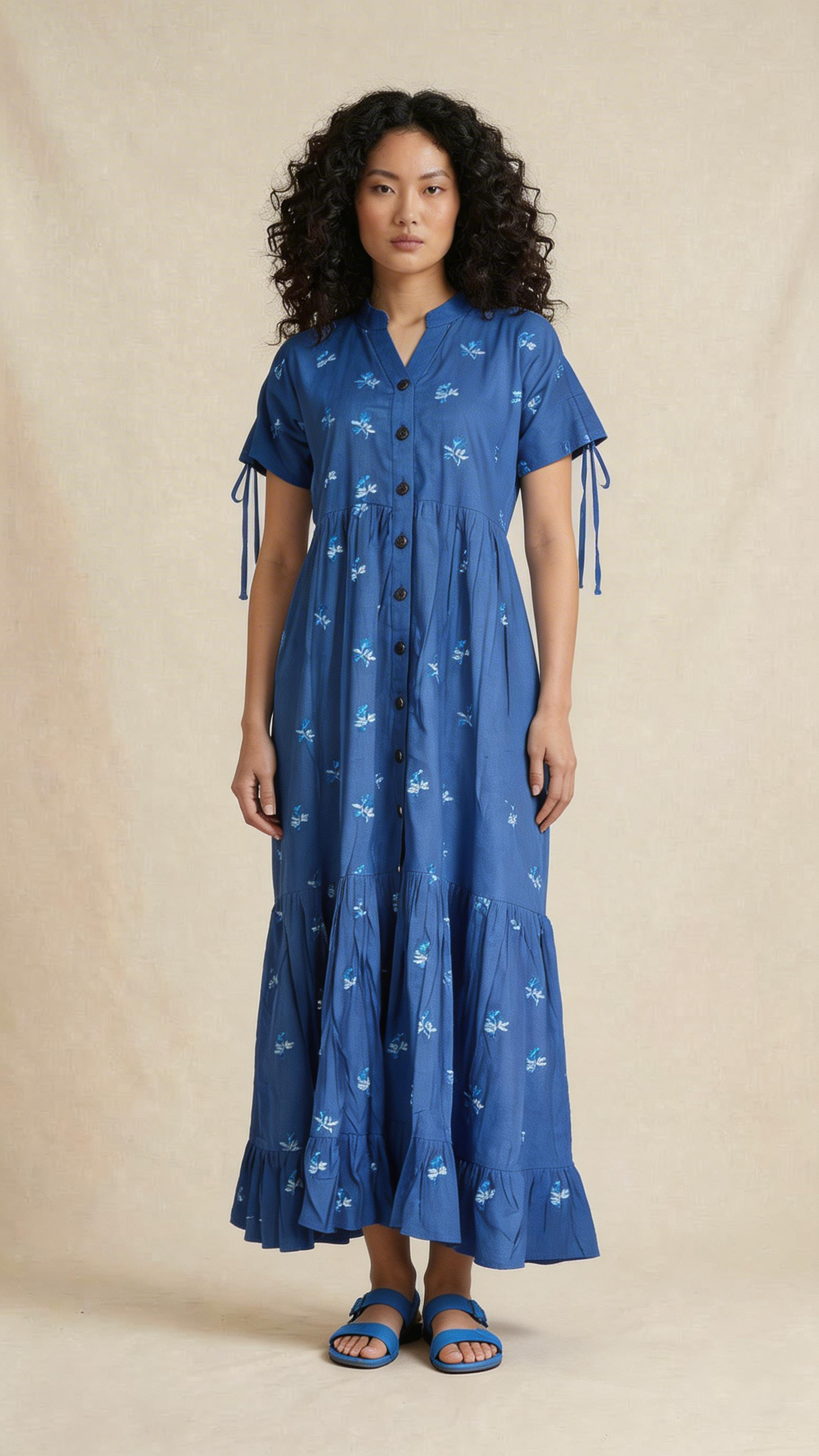 Blue Embroidered Tiered Maxi Dress