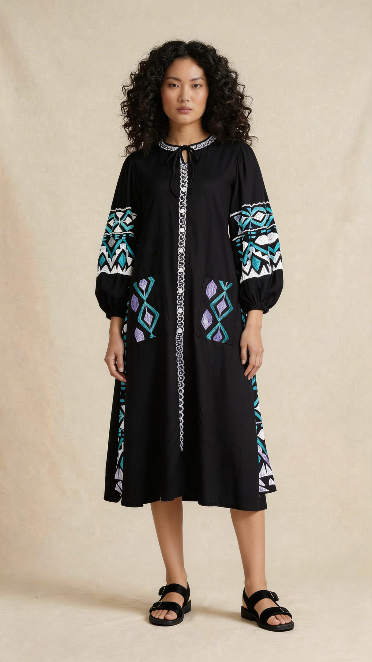 Black Artisan Embroidered Midi Dress