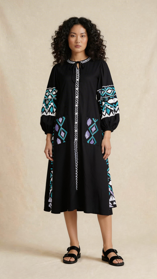 Black Artisan Embroidered Midi Dress