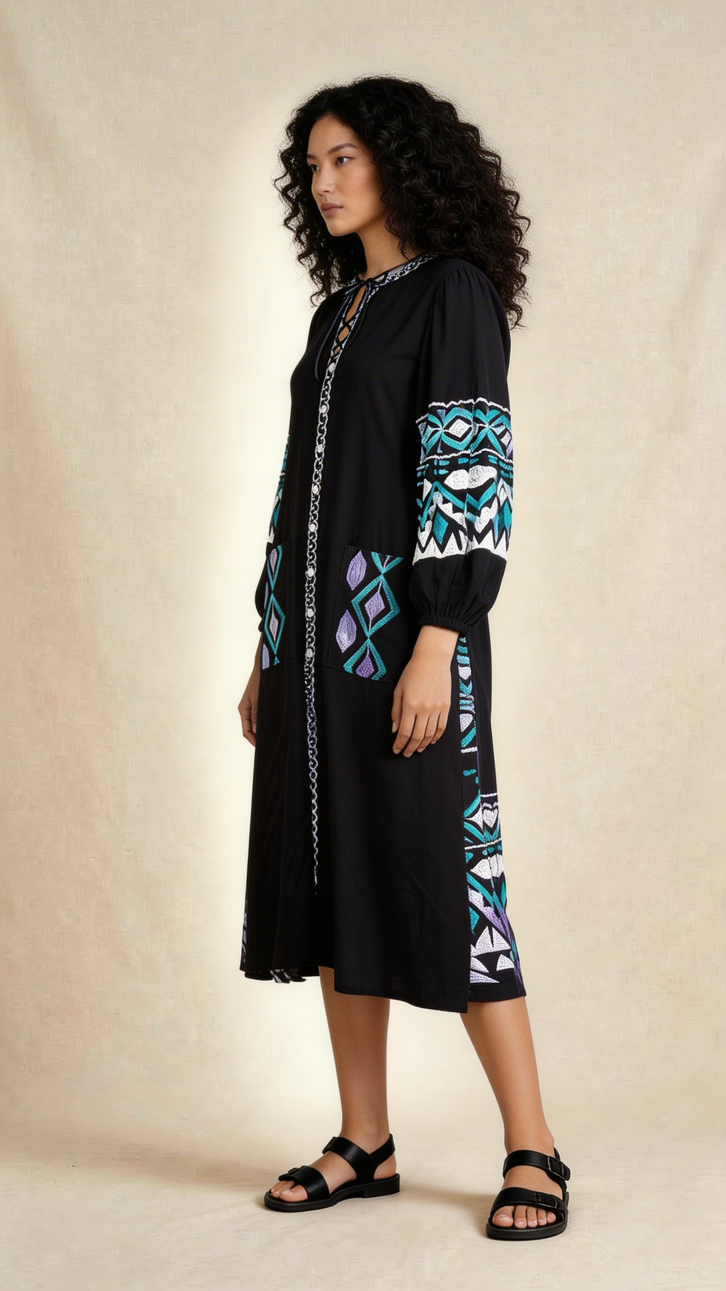 Black Artisan Embroidered Midi Dress