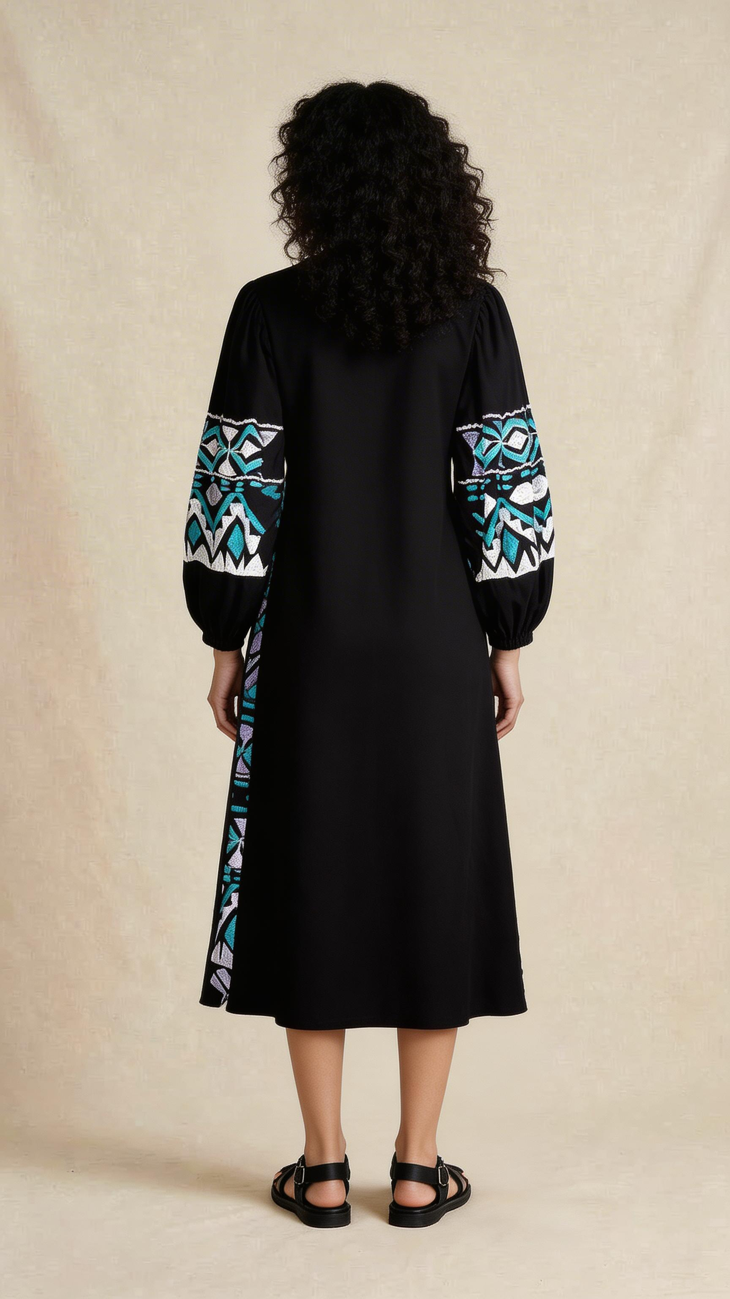 Black Artisan Embroidered Midi Dress