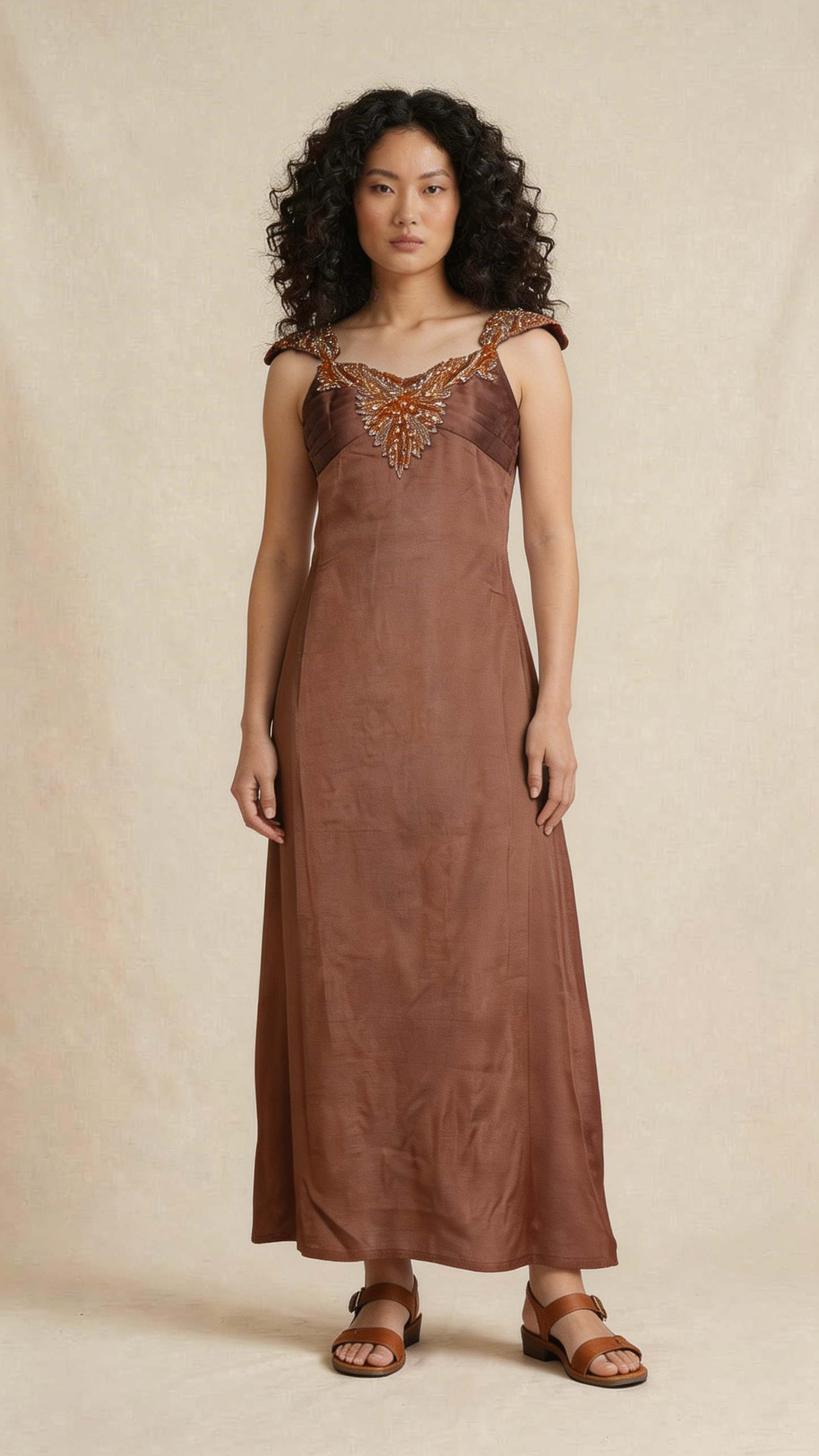 Brown Embellished Strap Maxi Dress