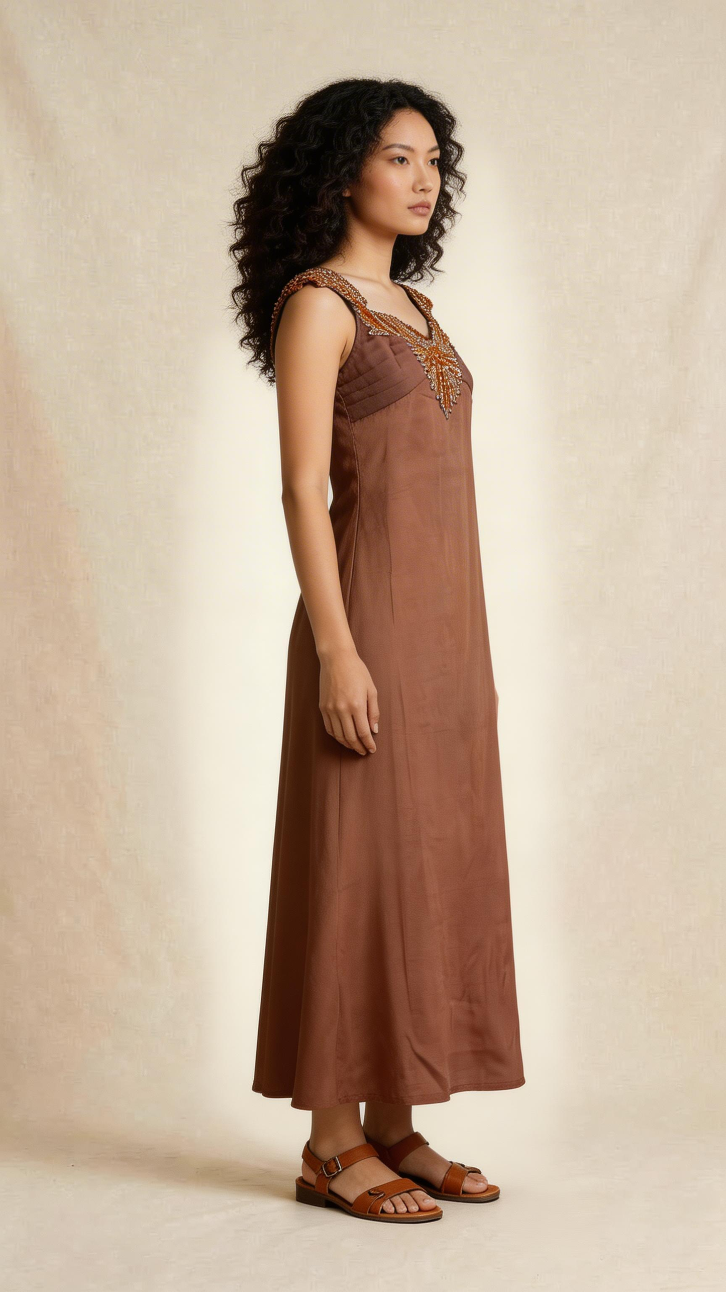 Brown Embellished Strap Maxi Dress