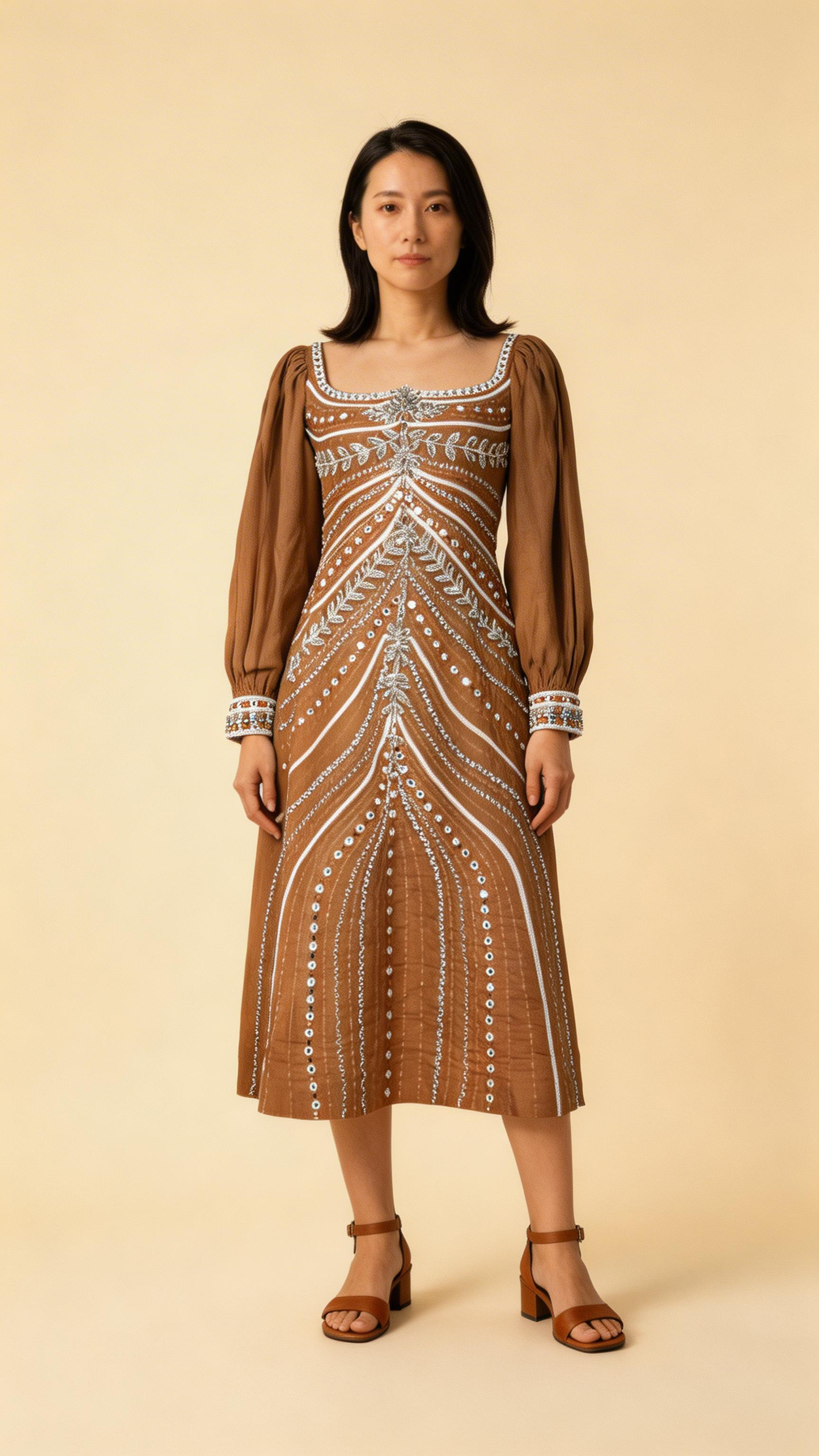 Brown Embroidered Midi Dress