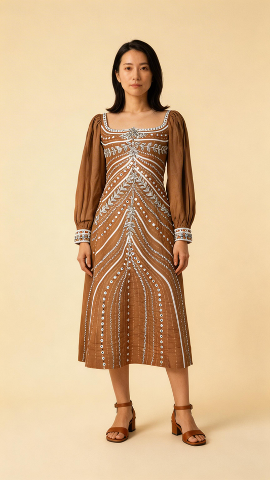 Brown Embroidered Midi Dress
