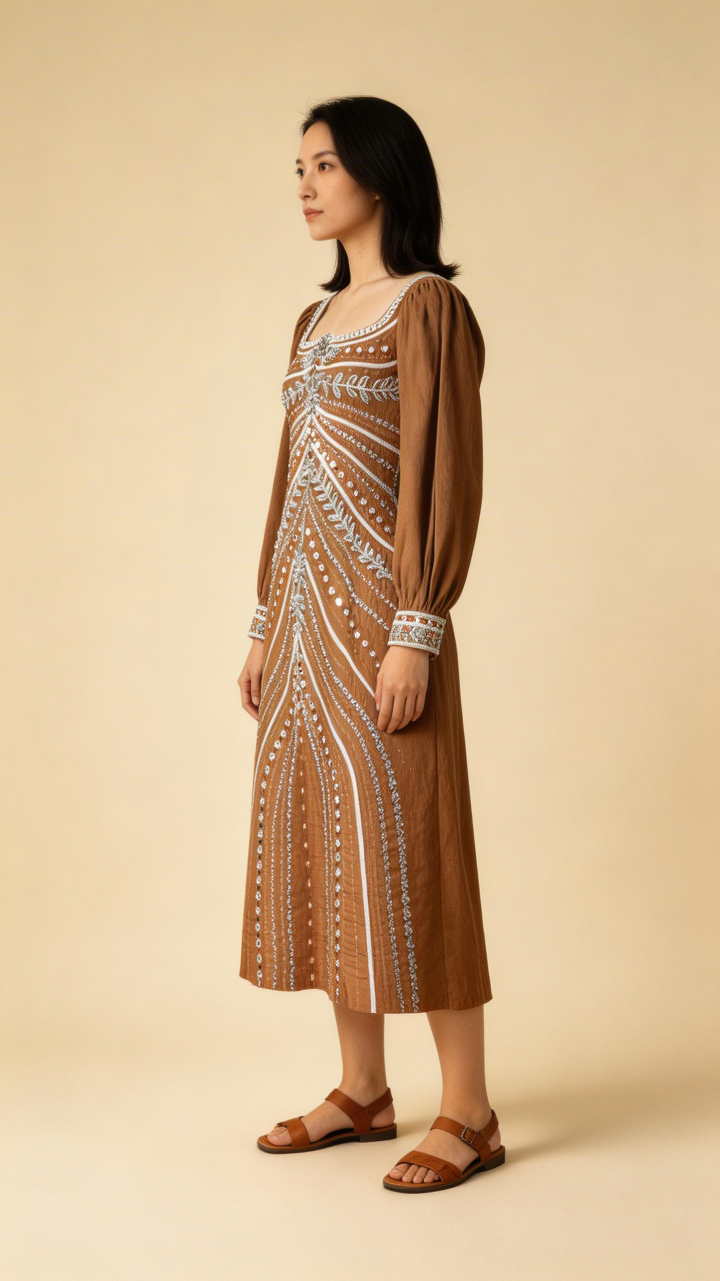 Brown Embroidered Midi Dress