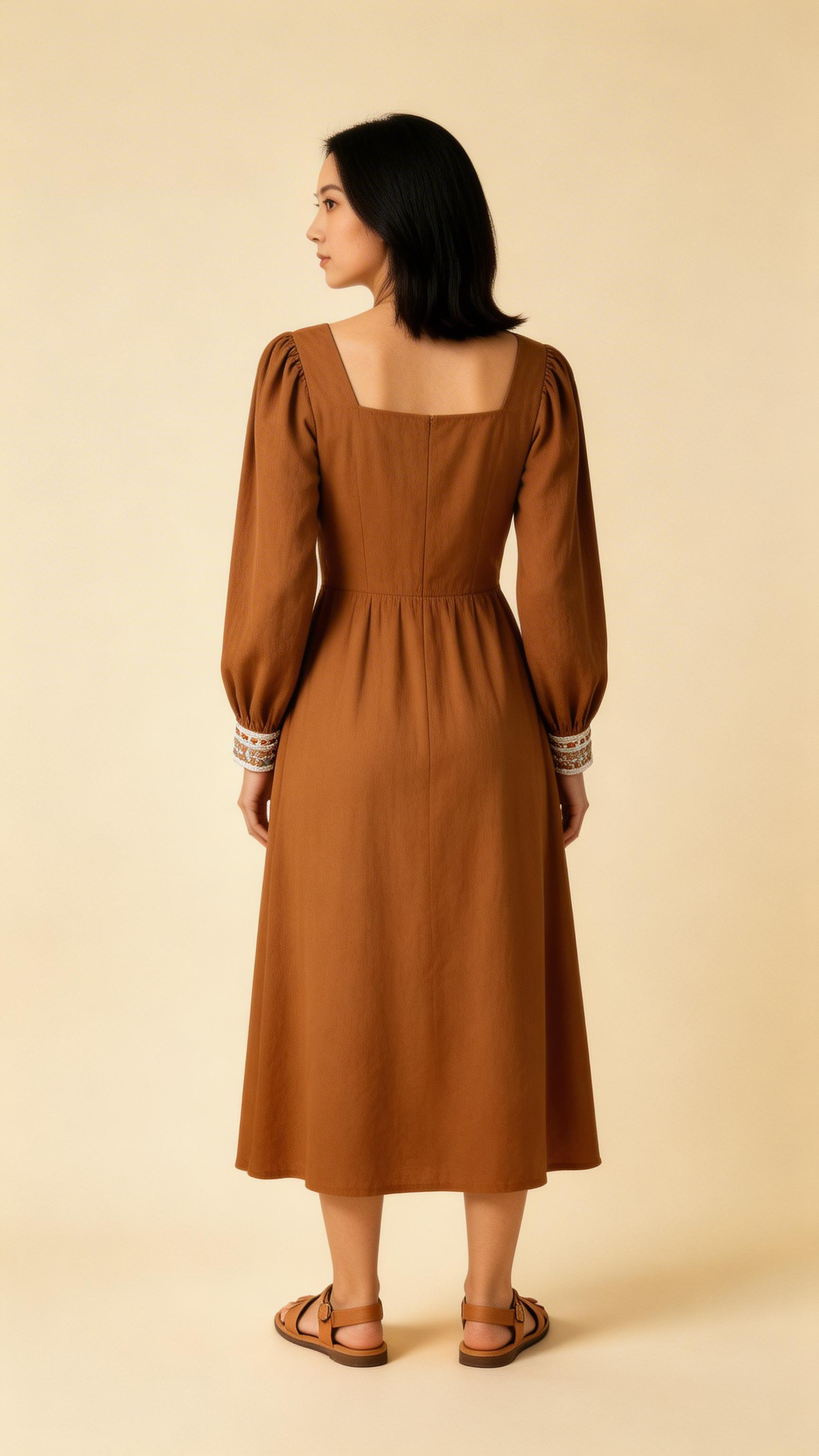 Brown Embroidered Midi Dress