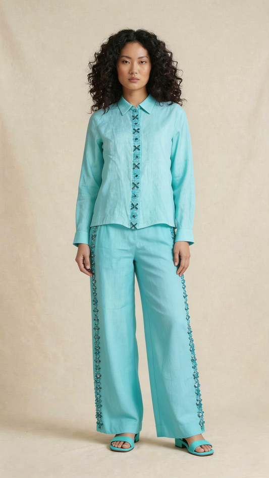 Aqua Bloom Embellished Linen Co-Ord Set