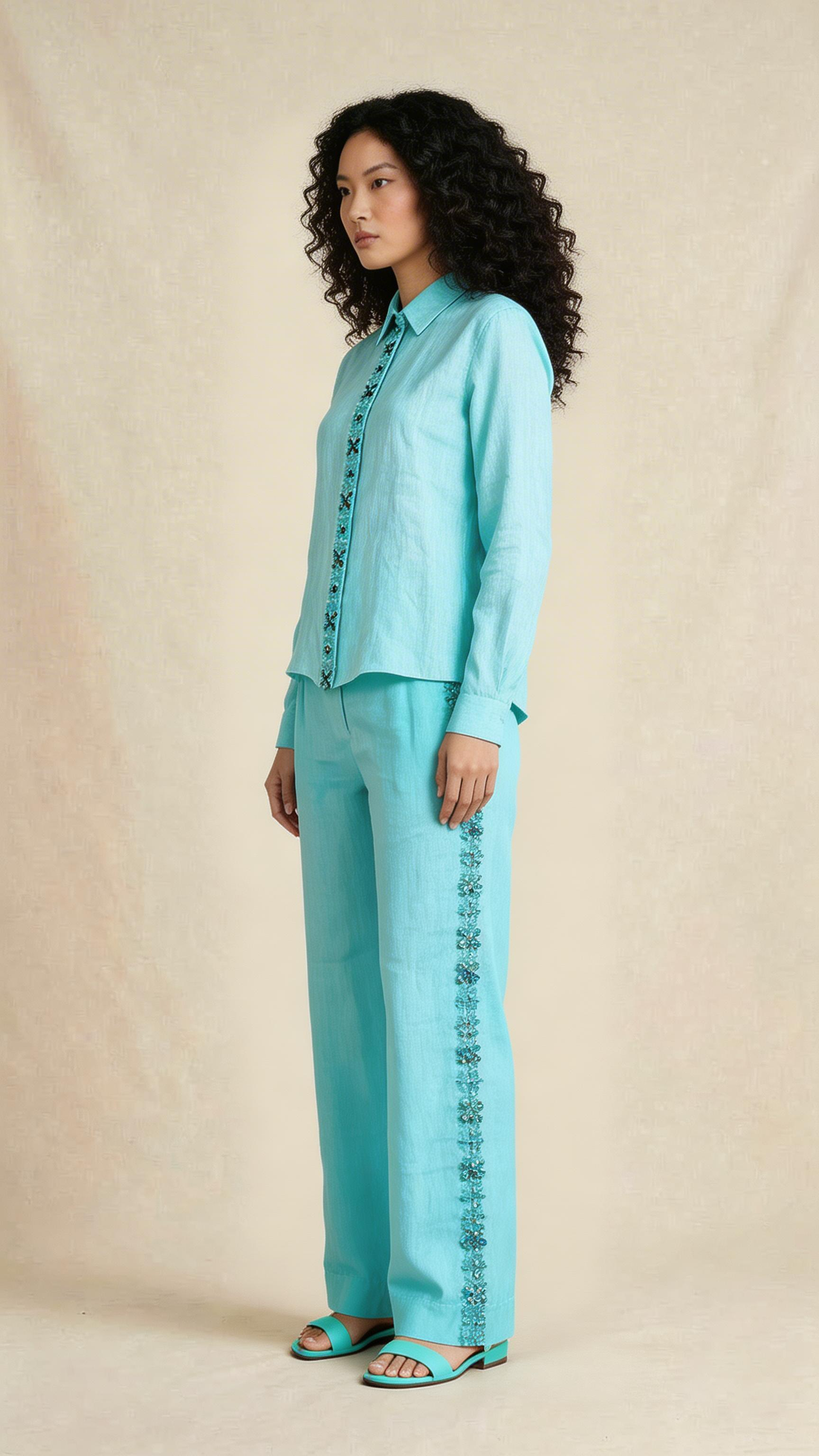 Aqua Bloom Embellished Linen Co-Ord Set