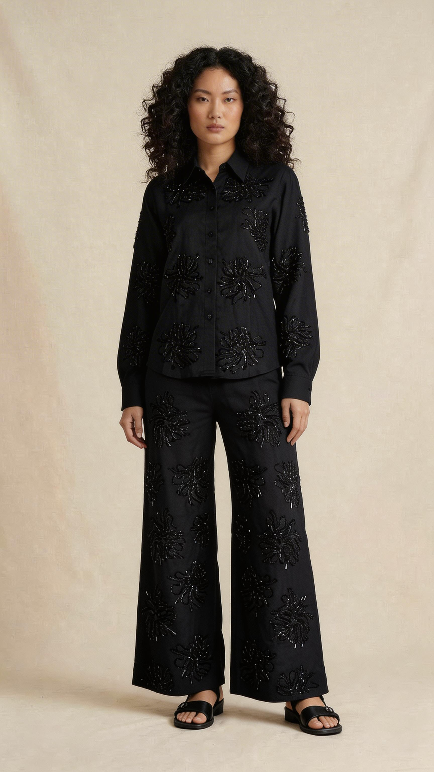 Midnight Black Embellished Linen Co-Ord Set