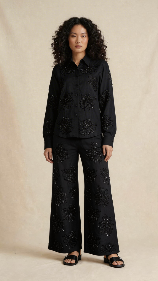 Midnight Black Embellished Linen Co-Ord Set