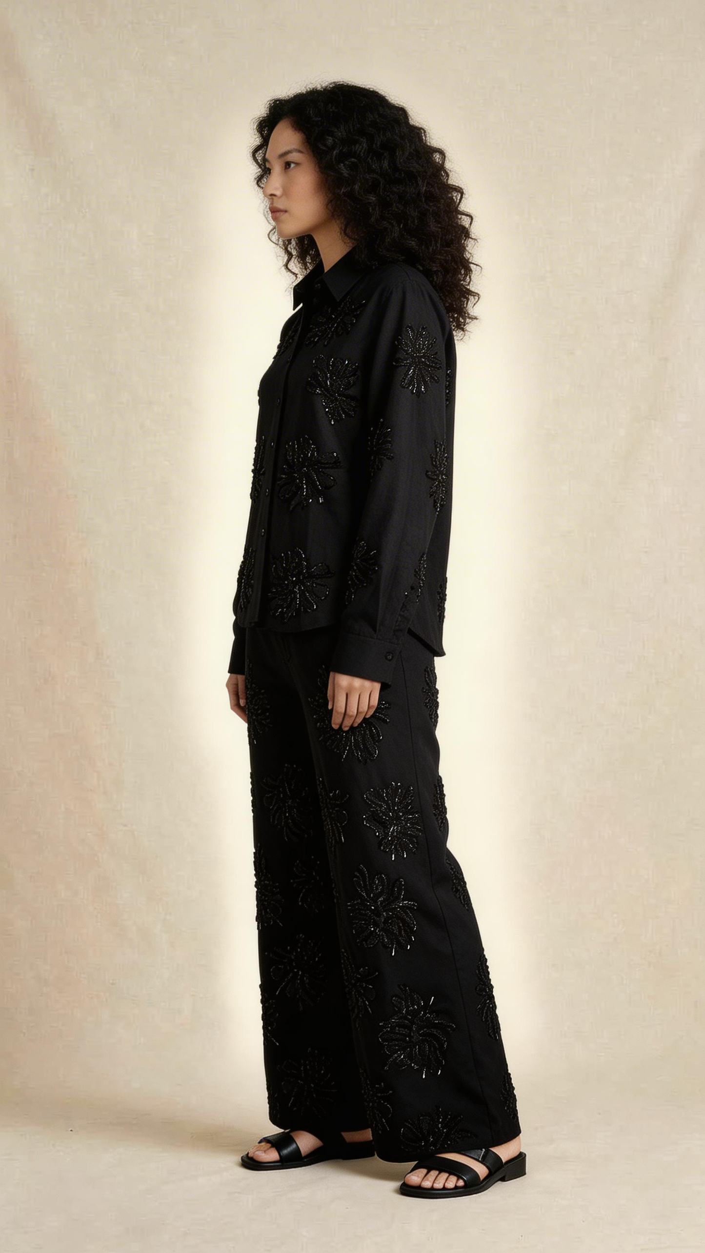 Midnight Black Embellished Linen Co-Ord Set