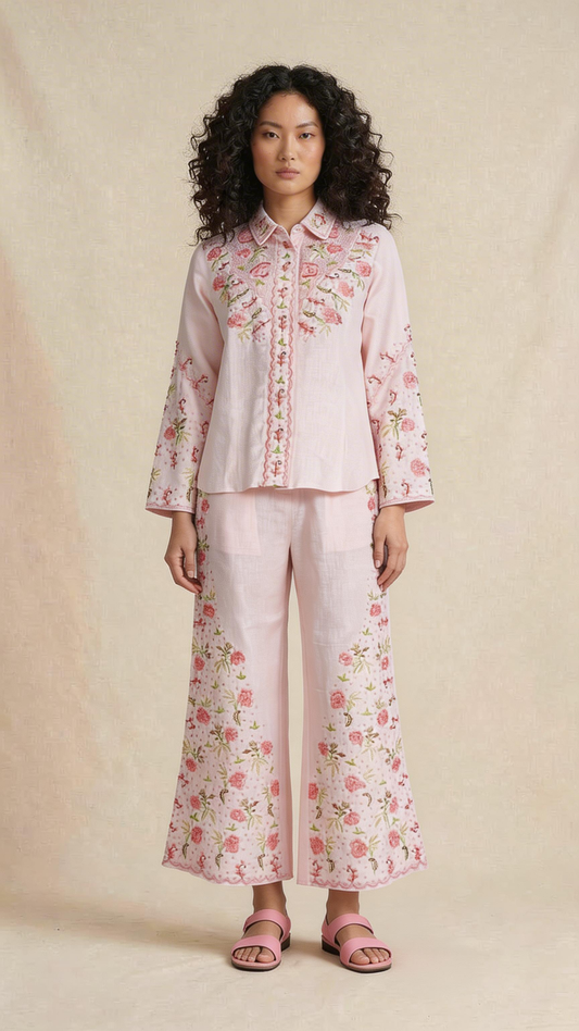 Blush Blossom Embroidered Linen Co-ord Set