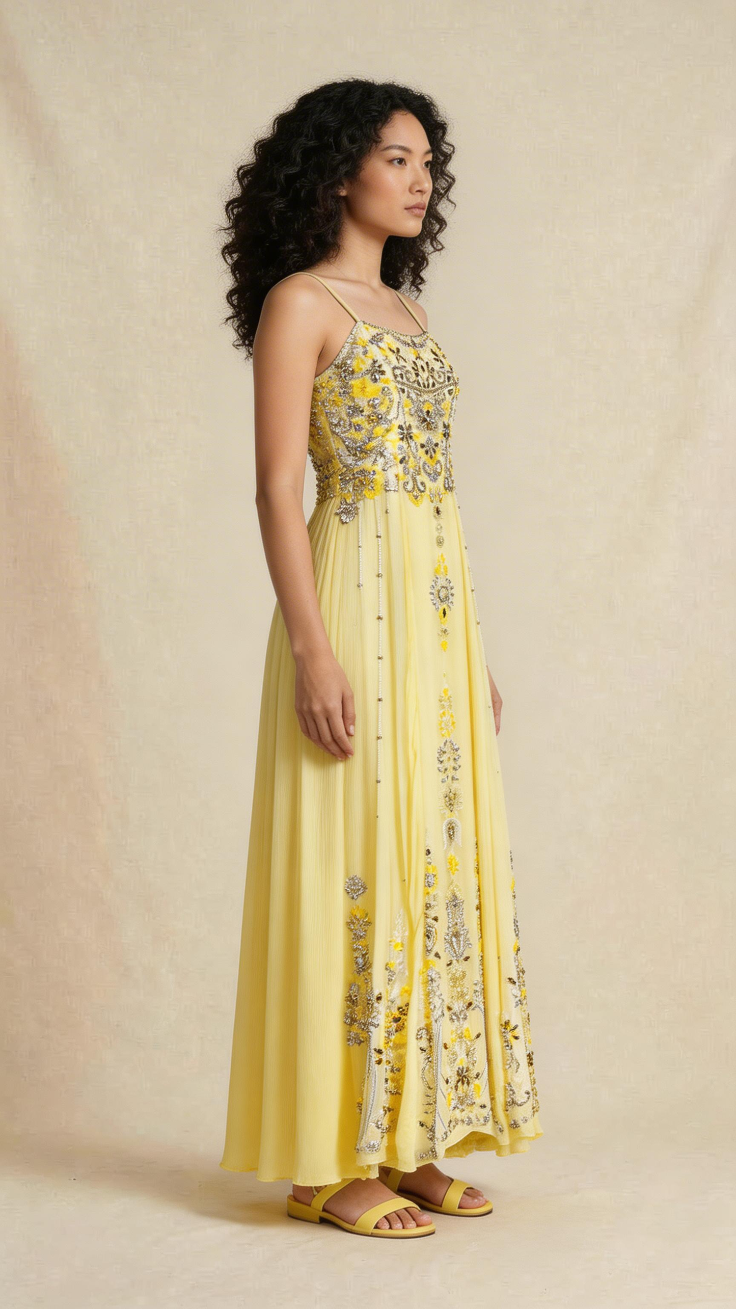 Hand-Embroidered Lemon Chiffon Gown