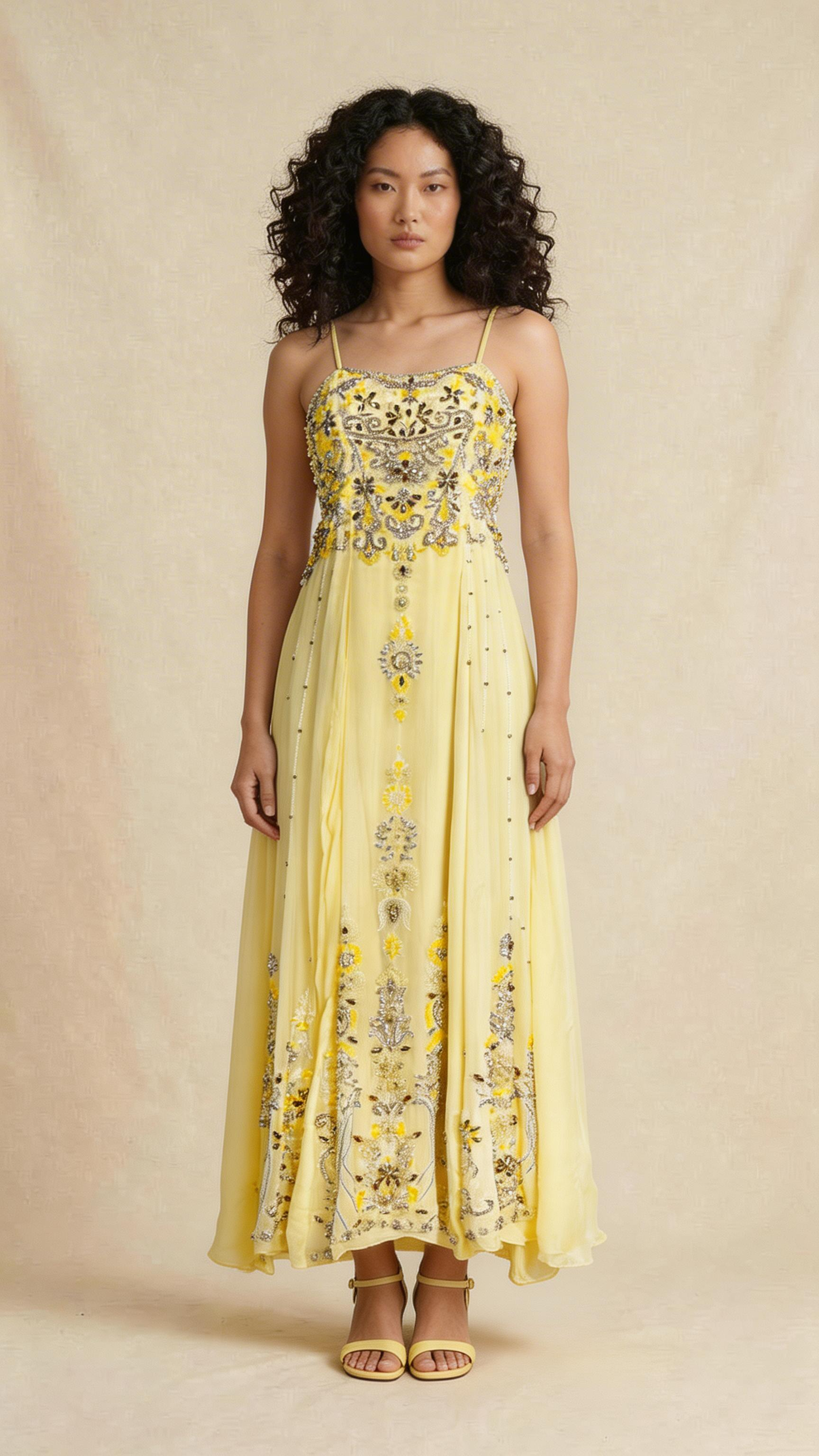 Hand-Embroidered Lemon Chiffon Gown