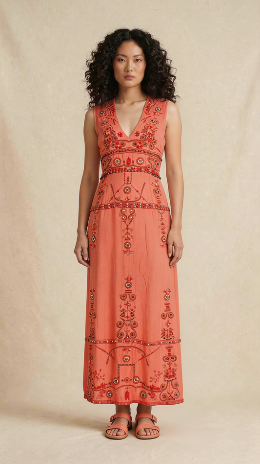 Coral Embroidered Sleeveless Dress