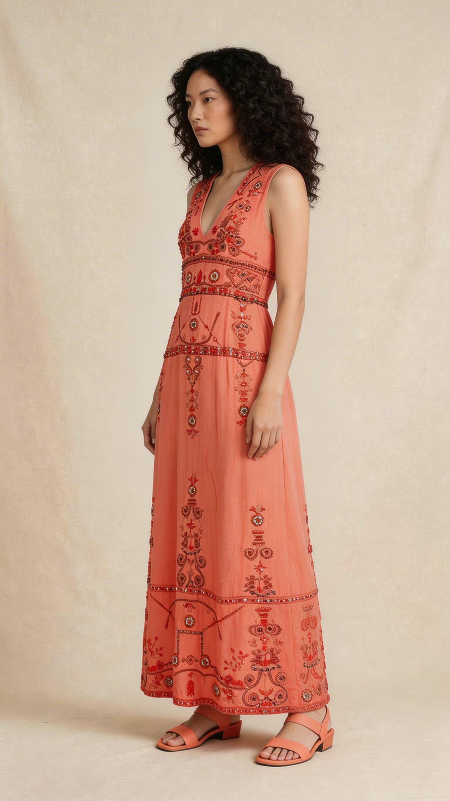 Coral Embroidered Sleeveless Dress