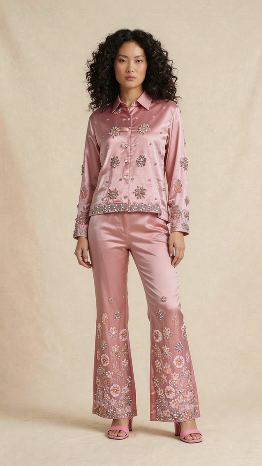 Rosewood Radiance Embellished Silk-Satin Co-ord Set