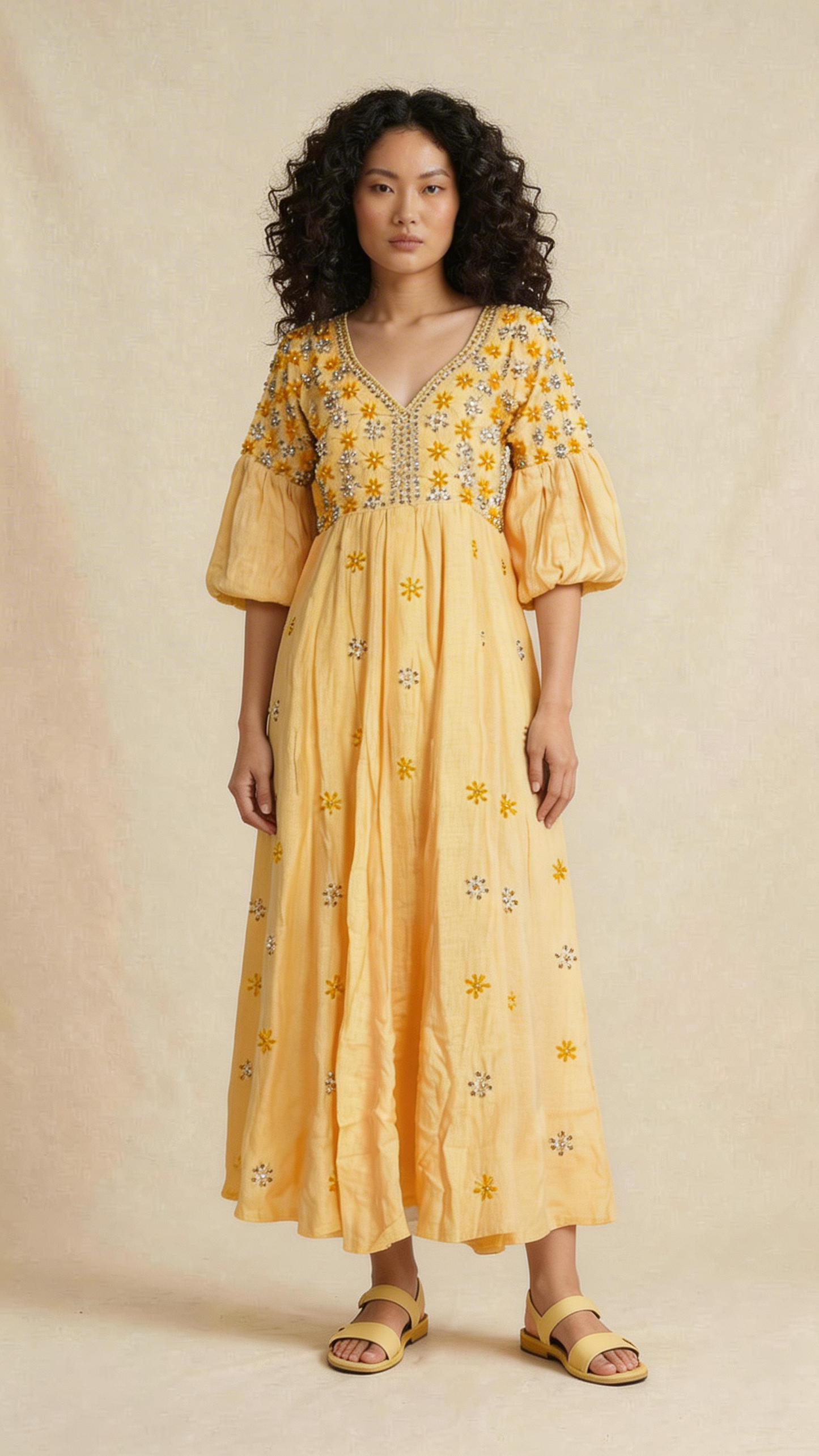 Yellow Embroidered Midi Dress