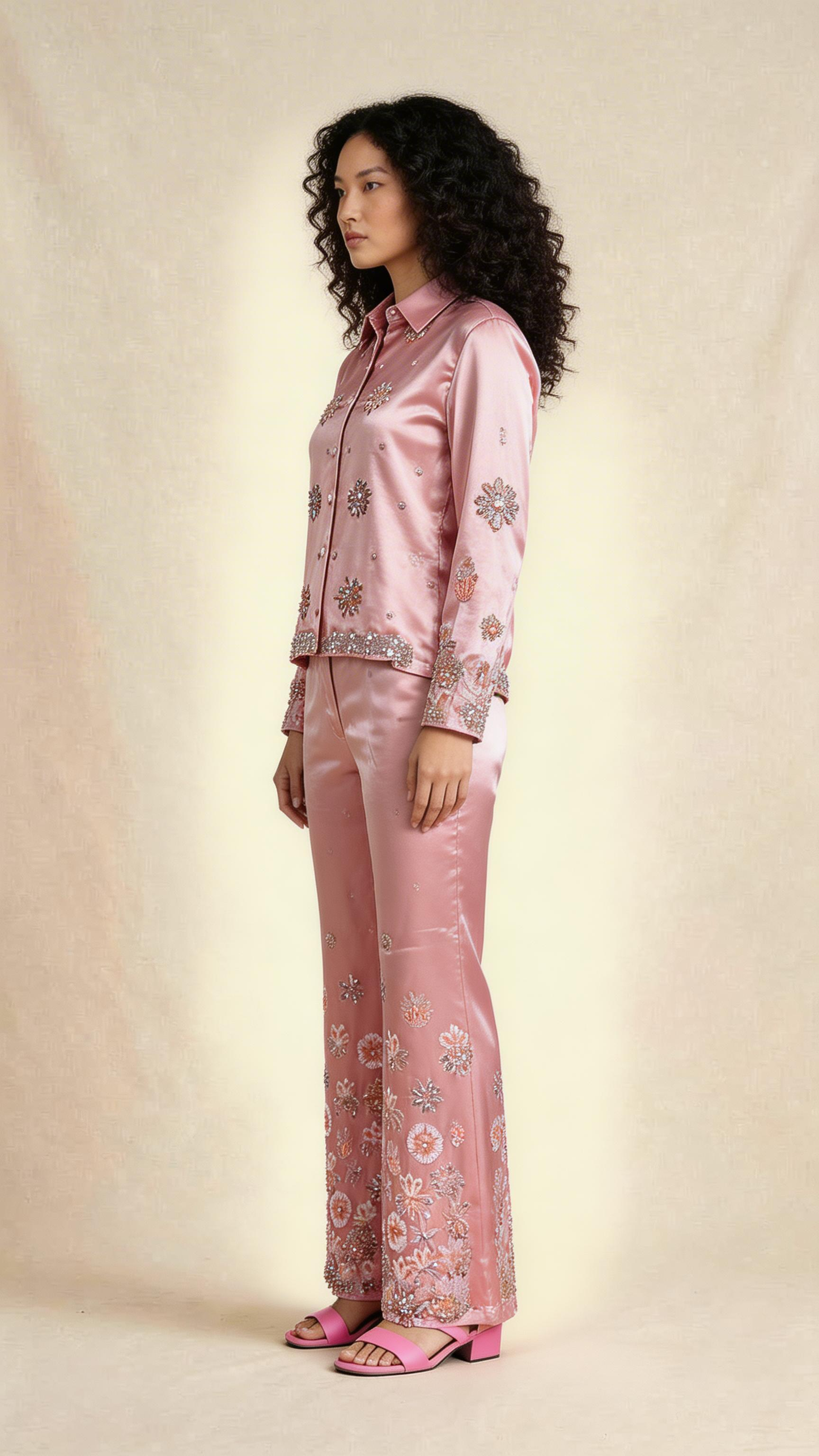 Rosewood Radiance Embellished Silk-Satin Co-ord Set