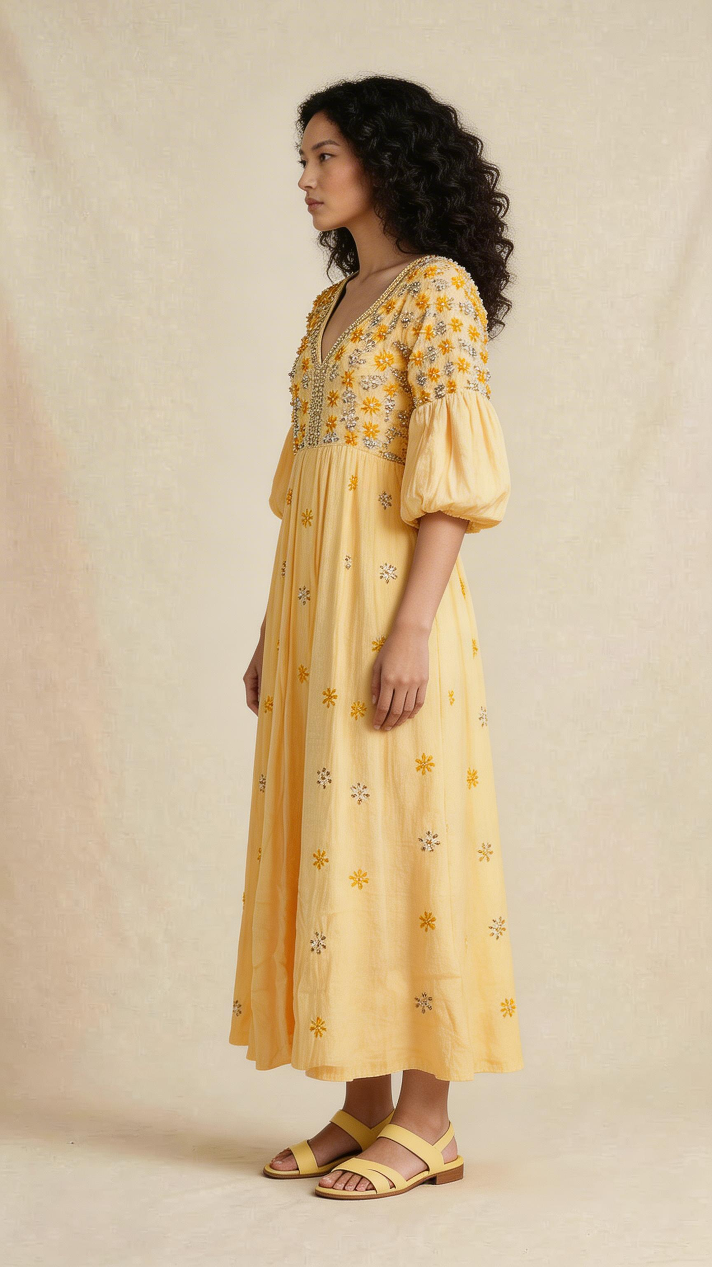 Yellow Embroidered Midi Dress