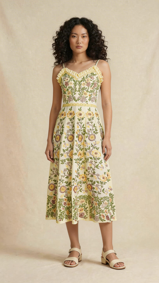Yellow Floral Embroidered Midi Dress