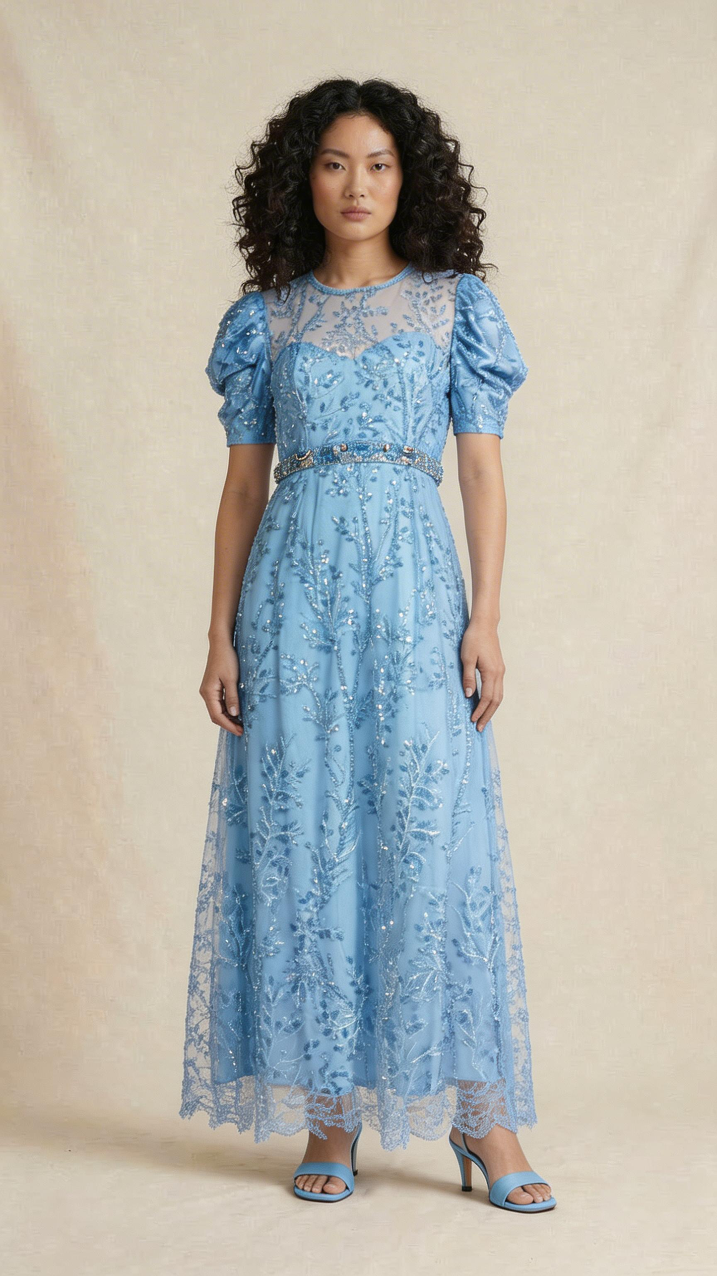 Sky Blue Embellished Lace Evening Dress