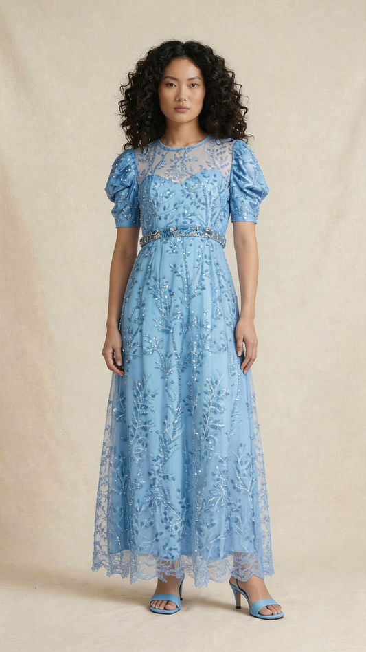 Sky Blue Embellished Lace Evening Dress