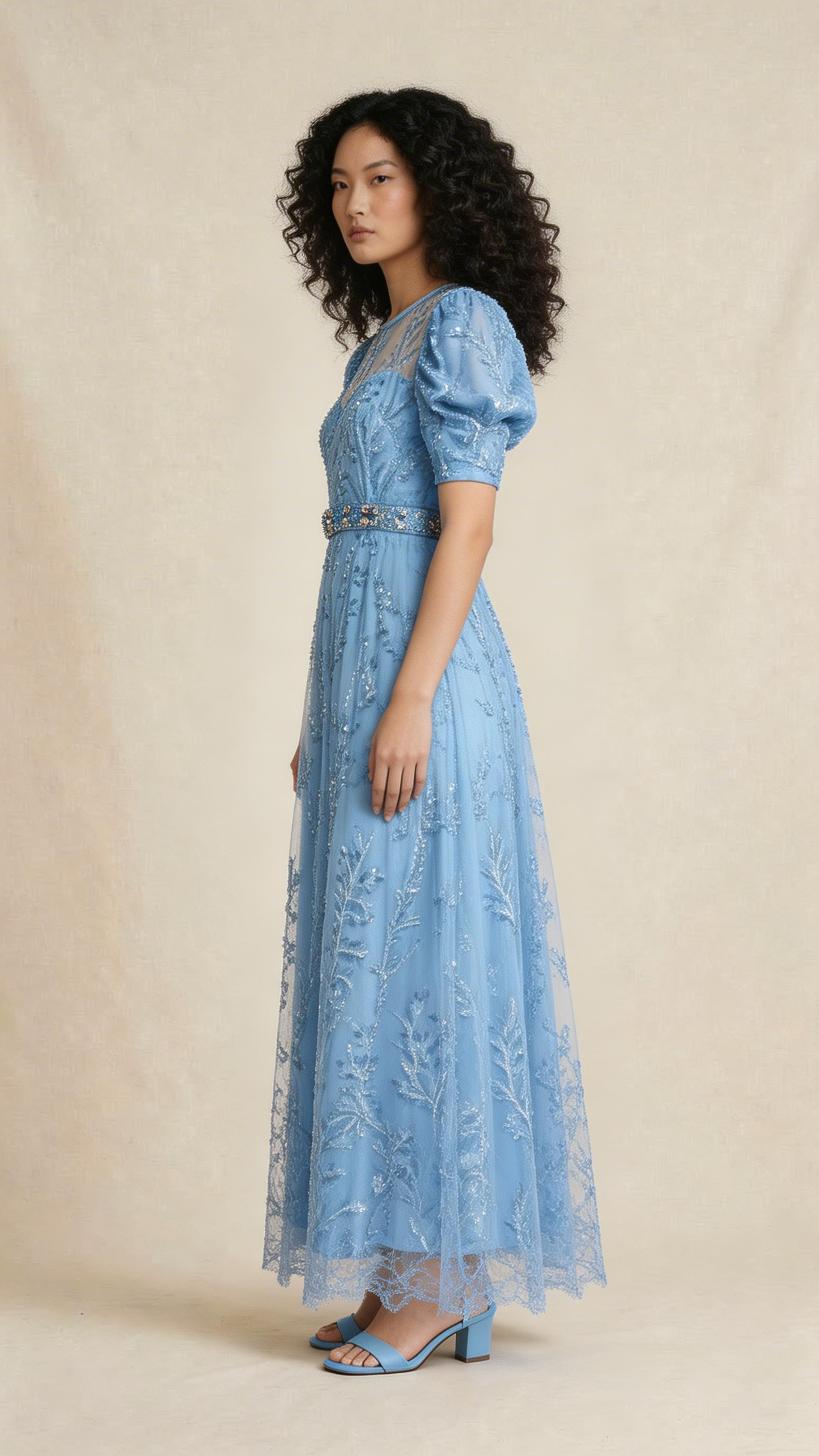 Sky Blue Embellished Lace Evening Dress
